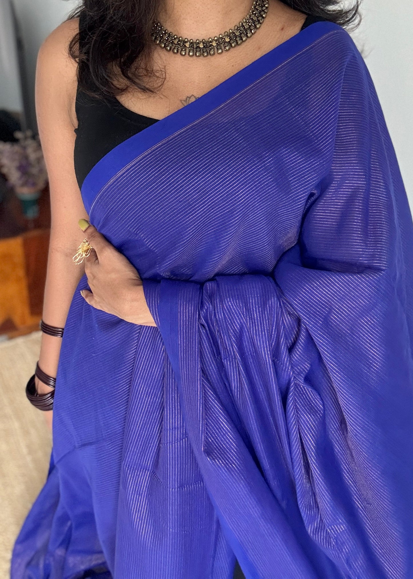 Royal blue, gold zari stripes - Soft Khadi Cotton, YCBCSKZS07