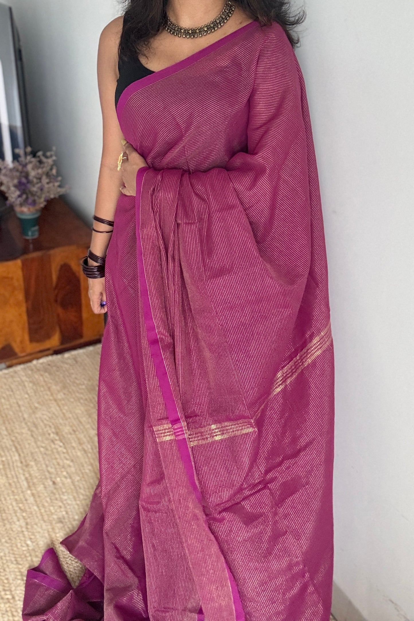 Purple pink (vadamalli), gold zari stripes - Soft Khadi Cotton, YCBCSKZS04