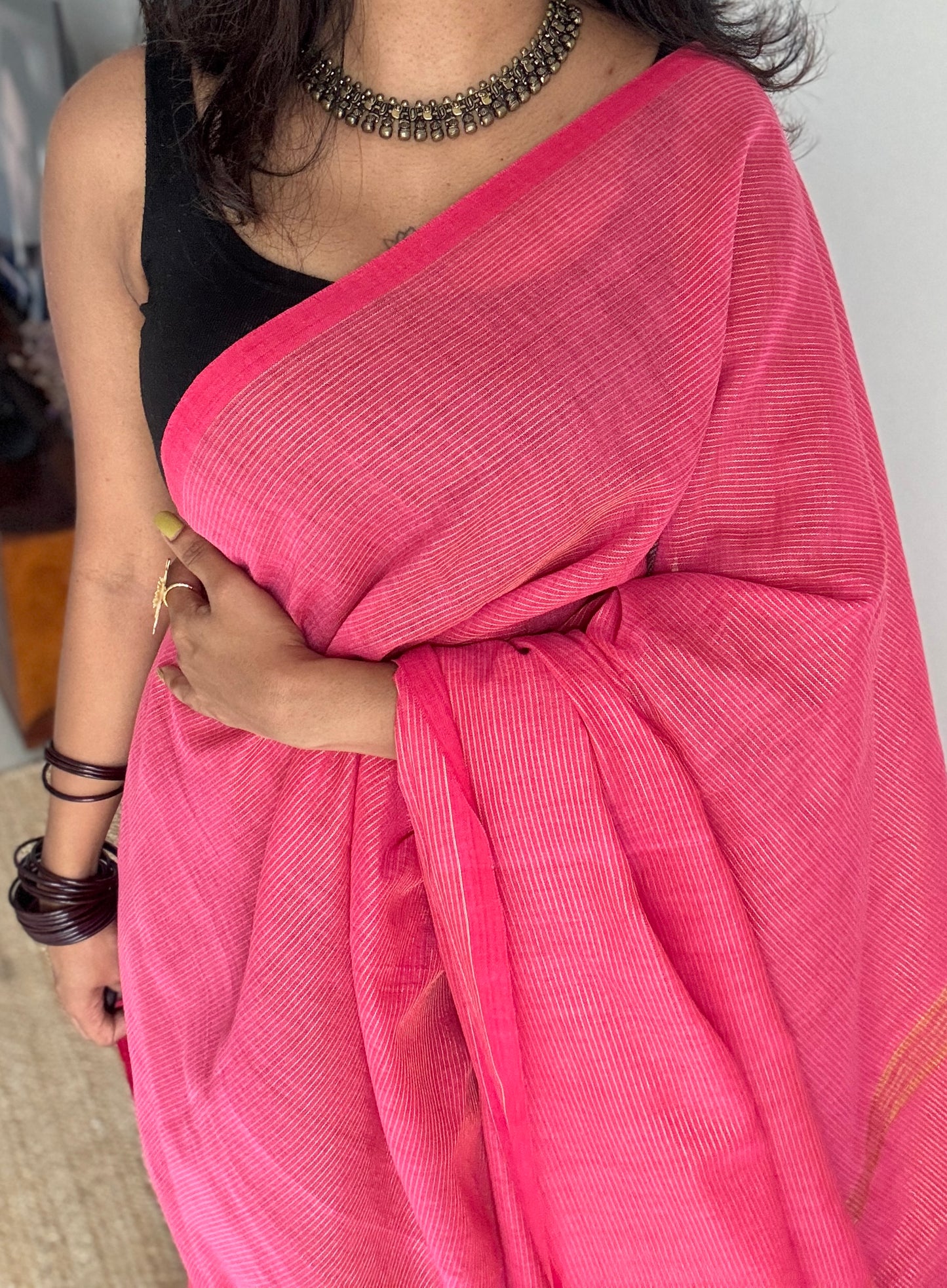 Peach pink, gold zari stripes - Soft Khadi Cotton, YCBCSKZS08