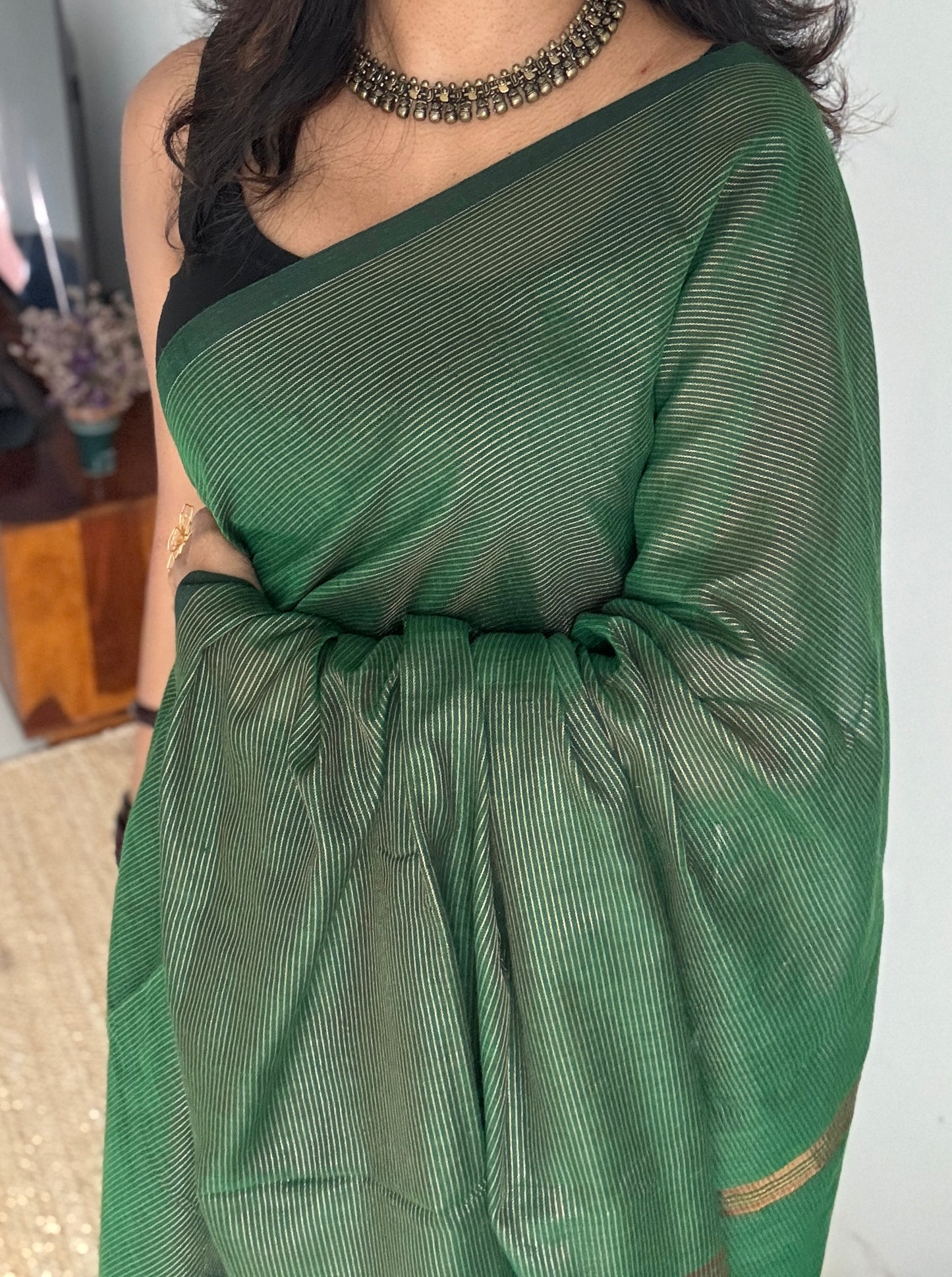 Dark green, gold zari stripes - Soft Khadi Cotton, YCBCSKZS03