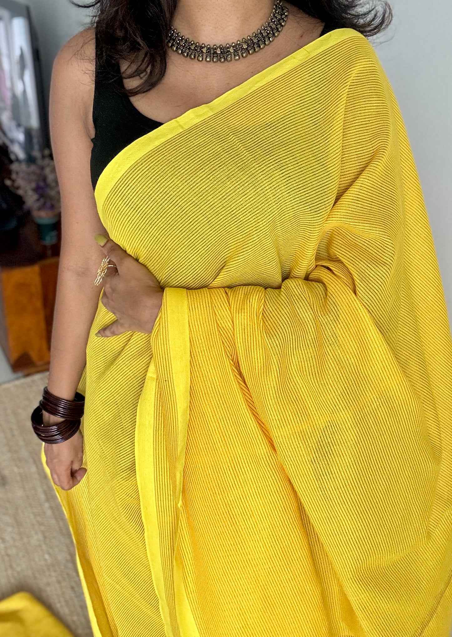 Yellow, gold zari stripes - Soft Khadi Cotton, YCBCSKZS09