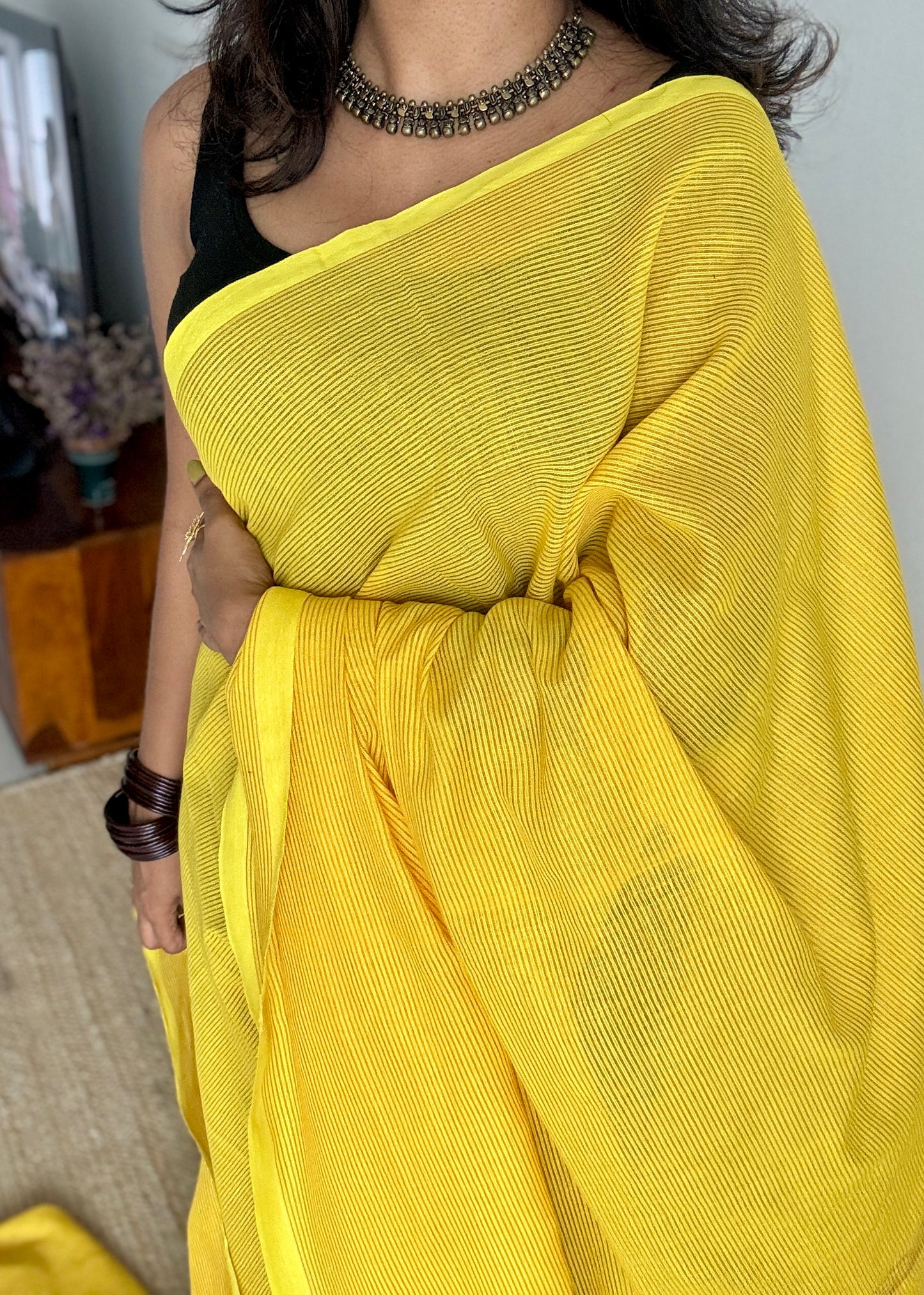 Yellow, gold zari stripes - Soft Khadi Cotton, YCBCSKZS09