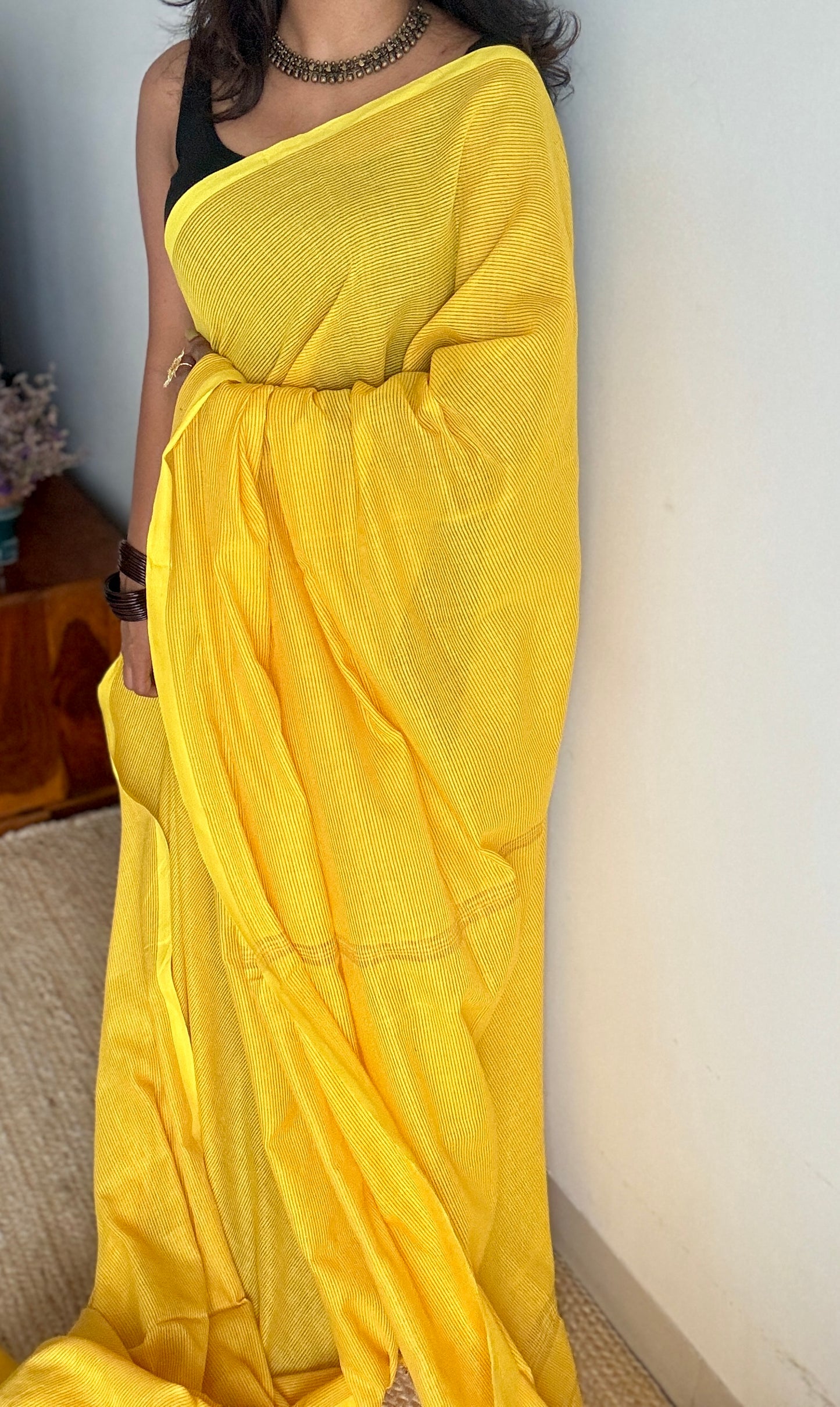 Yellow, gold zari stripes - Soft Khadi Cotton, YCBCSKZS09