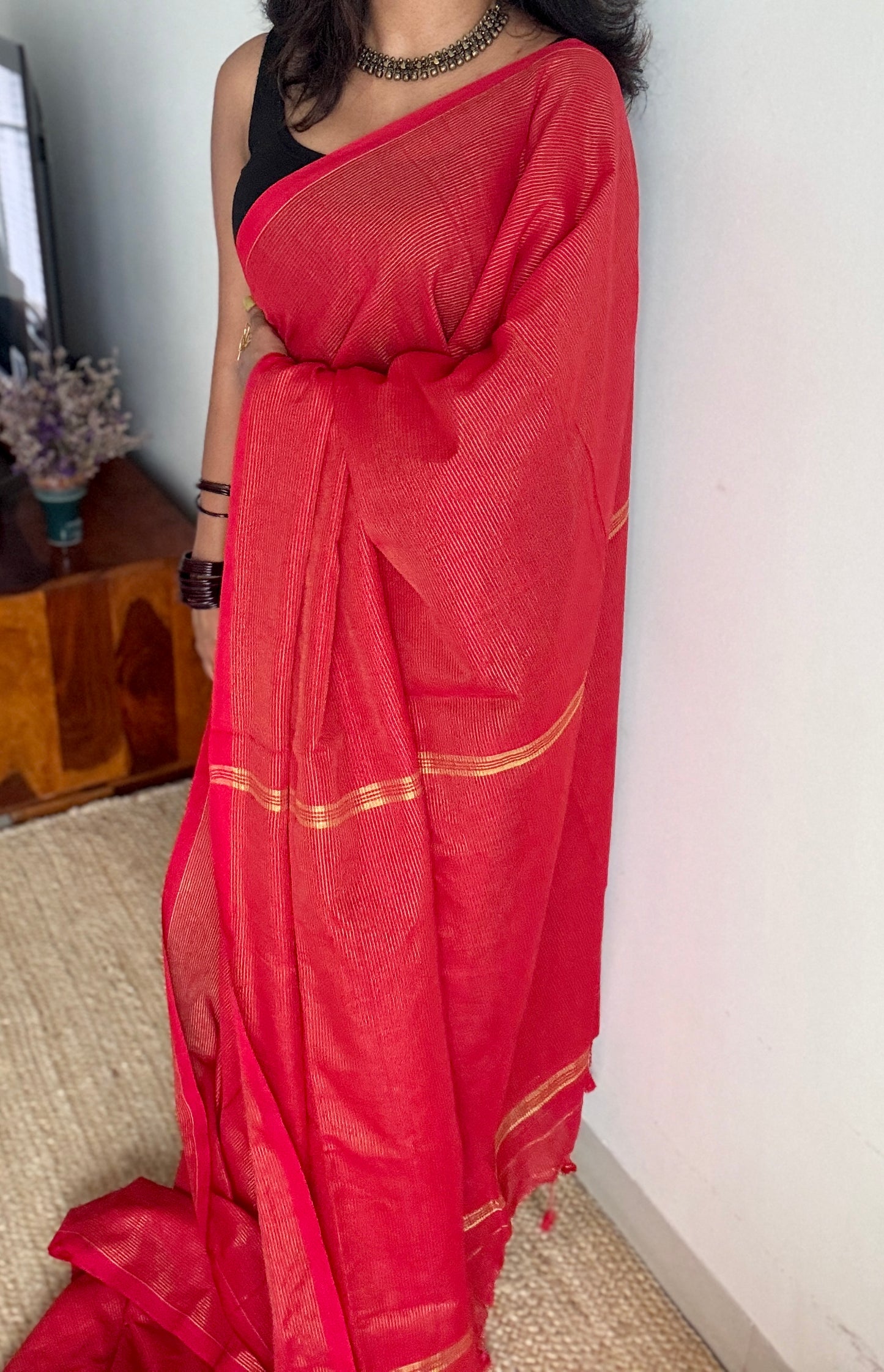 Chilli red, gold zari stripes - Soft Khadi Cotton, YCBCSKZS06