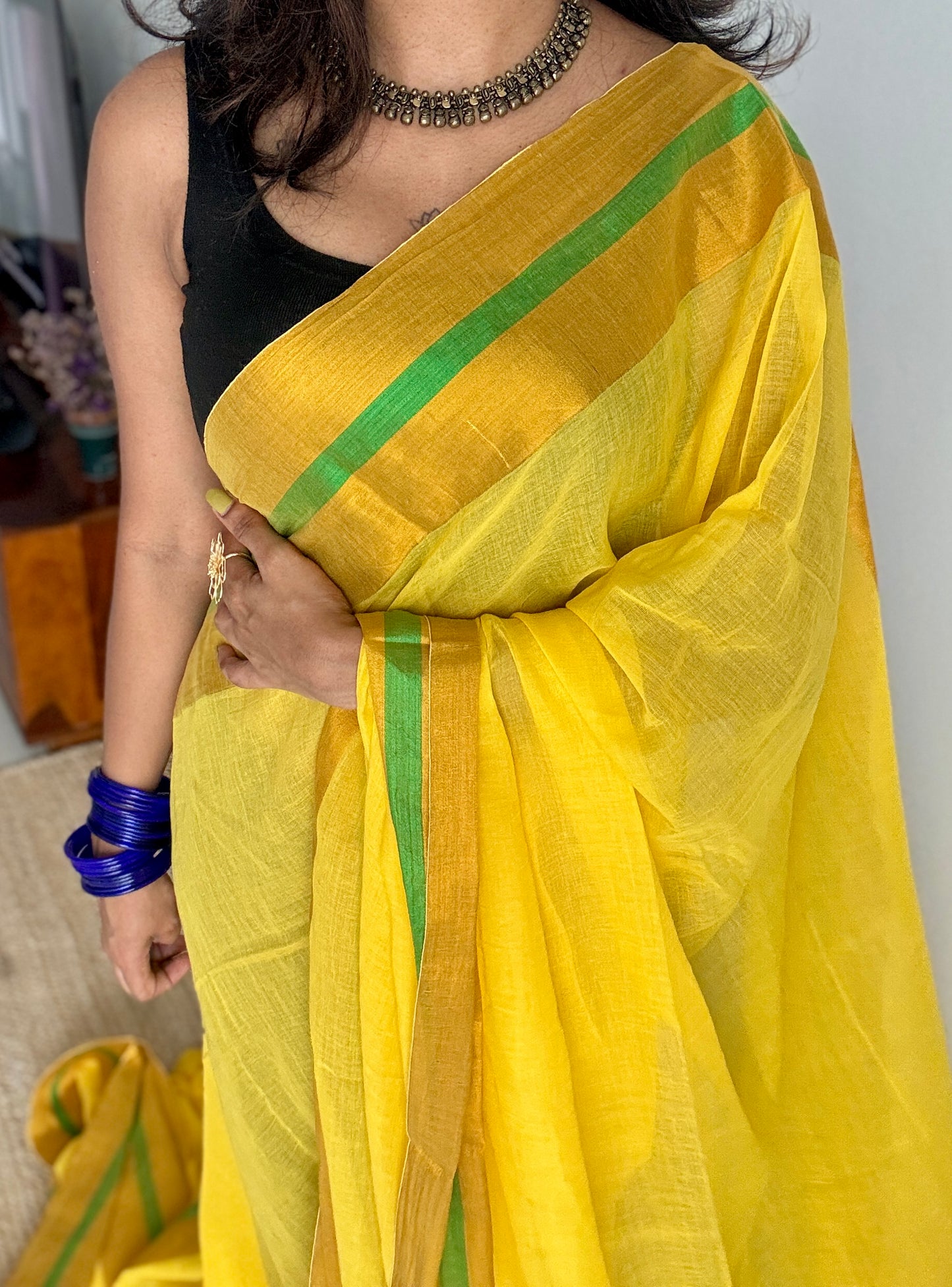 Yellow with antique gold border, mul cotton YCBCMCM24
