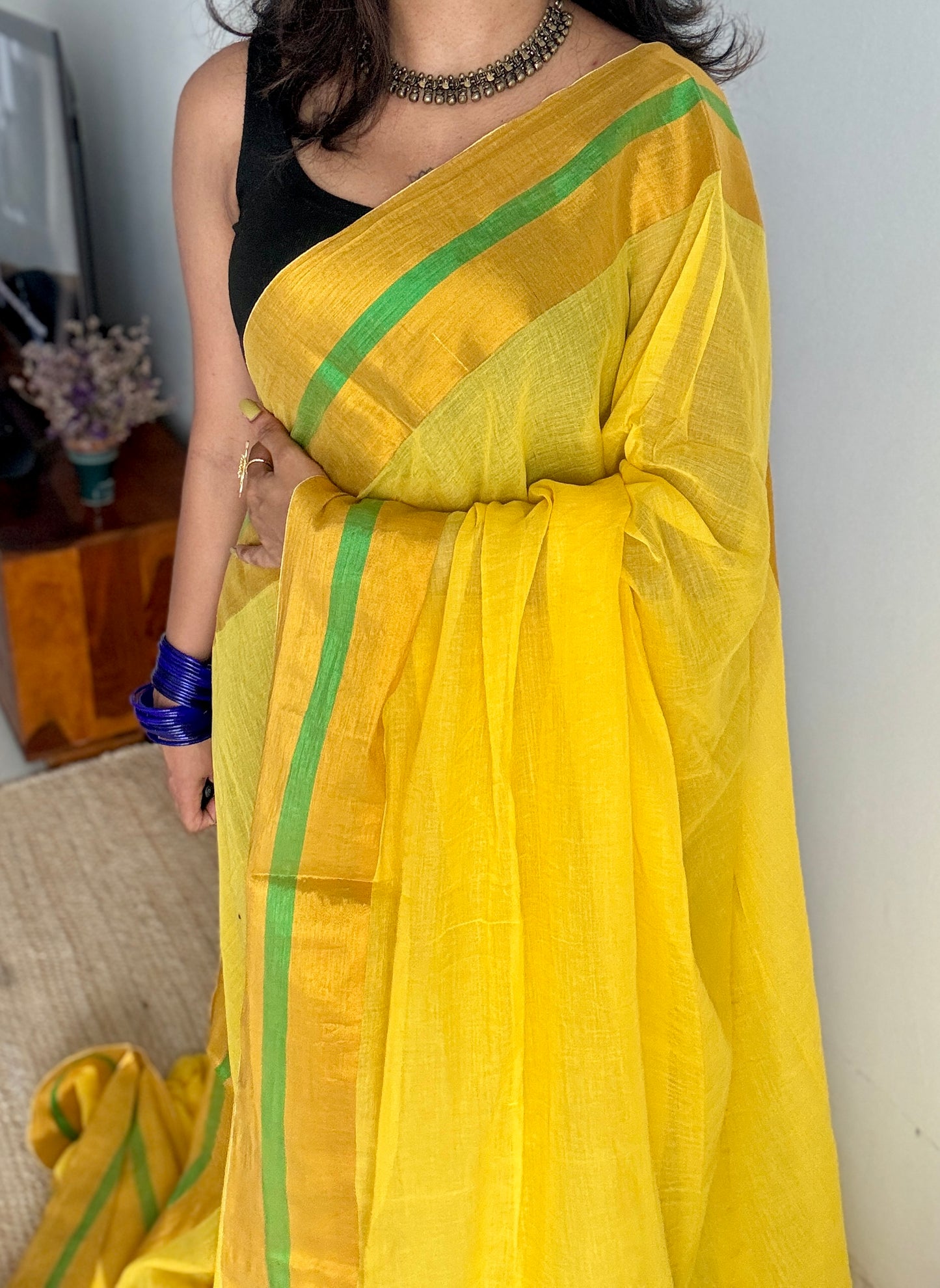 Yellow with antique gold border, mul cotton YCBCMCM24