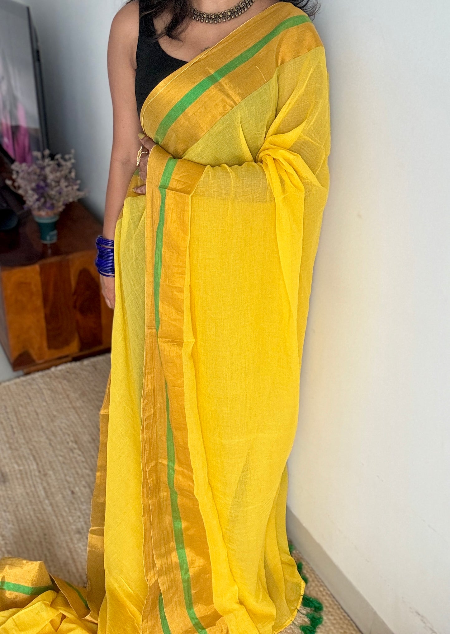Yellow with antique gold border, mul cotton YCBCMCM24