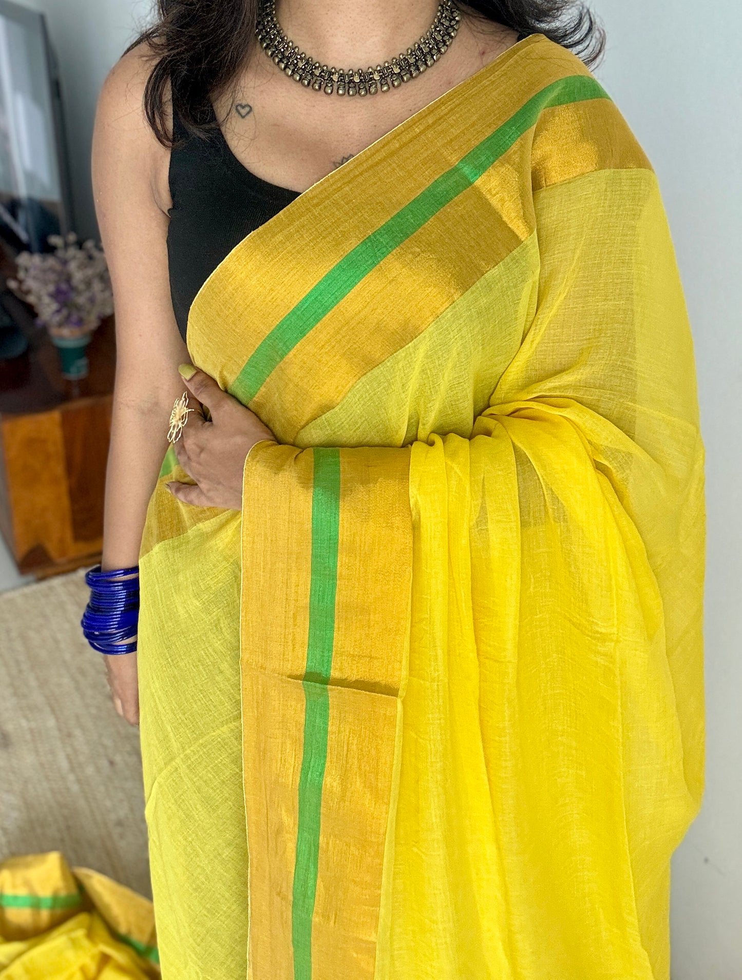 Yellow with antique gold border, mul cotton YCBCMCM24