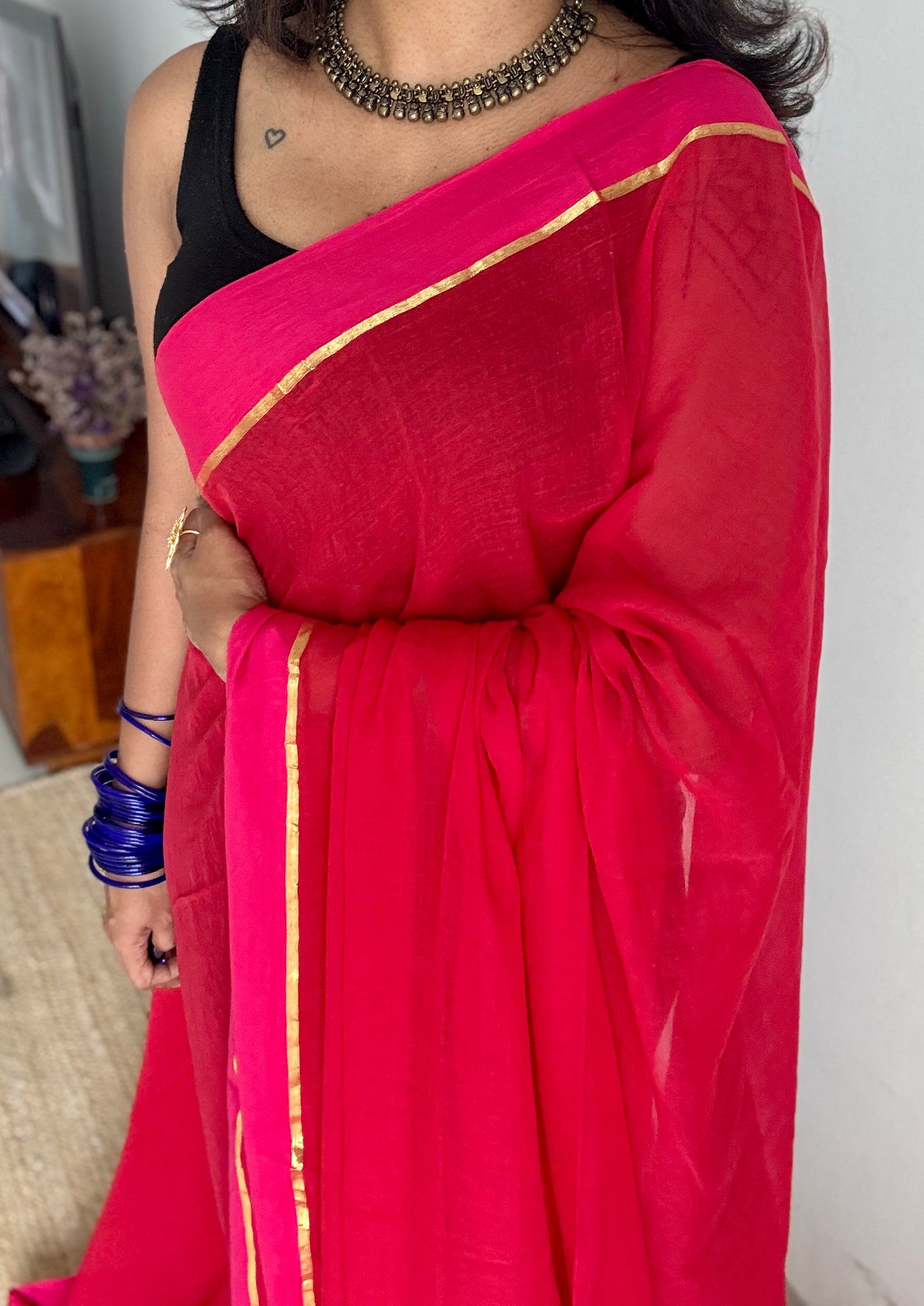 Red with pink border, mul cotton YCBCMCM25