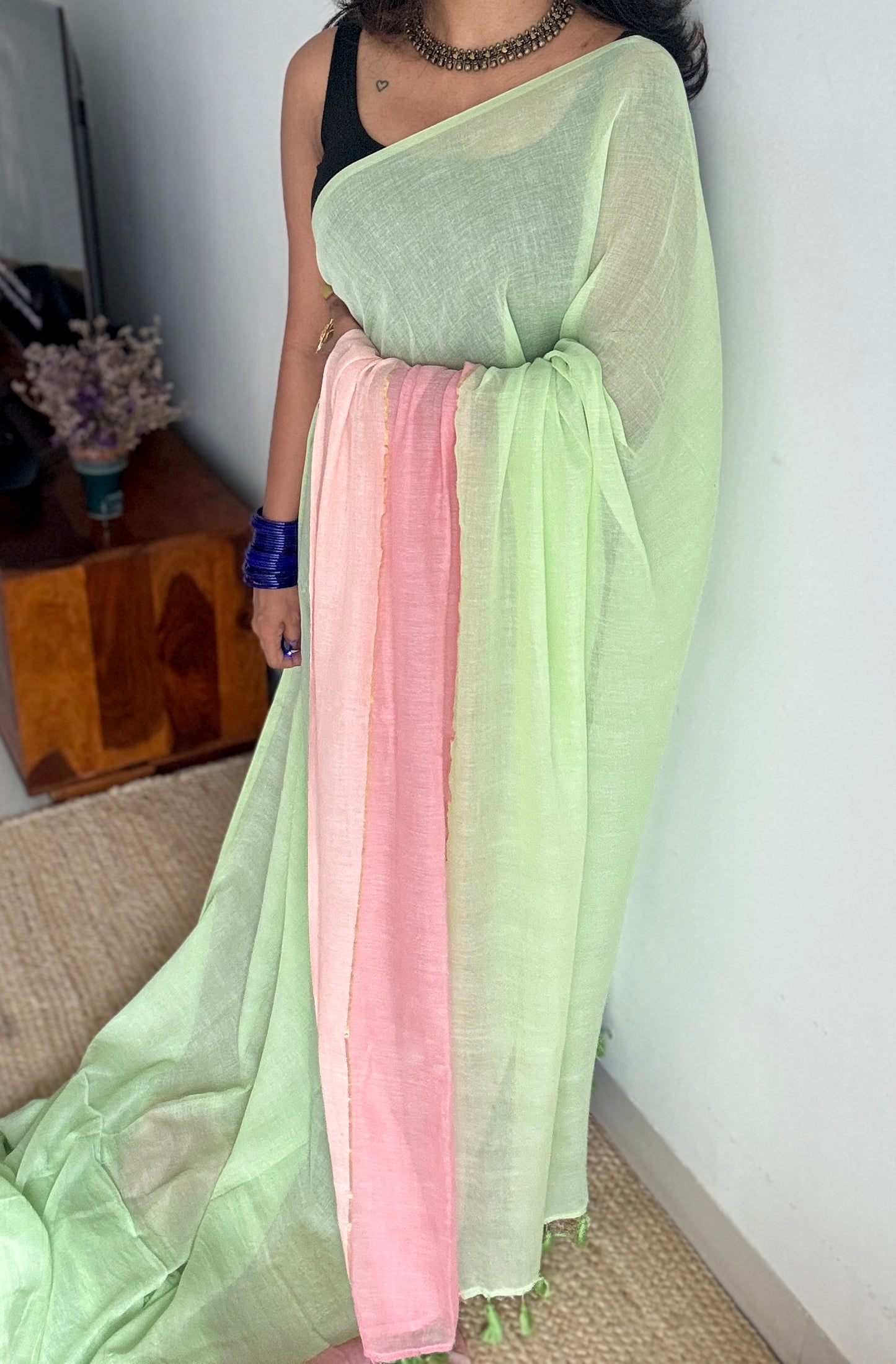Pista green and pastel pinks, mul cotton YCBCMCM26