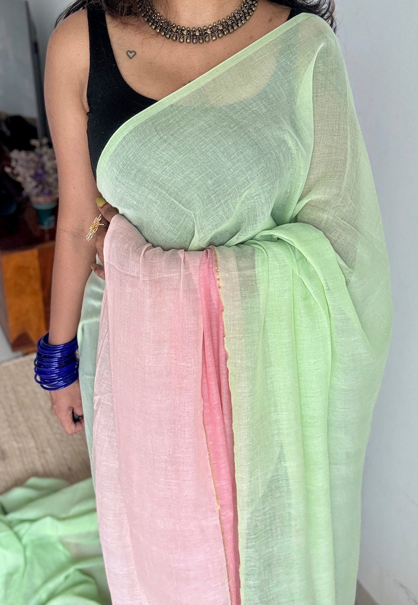 Pista green and pastel pinks, mul cotton YCBCMCM26