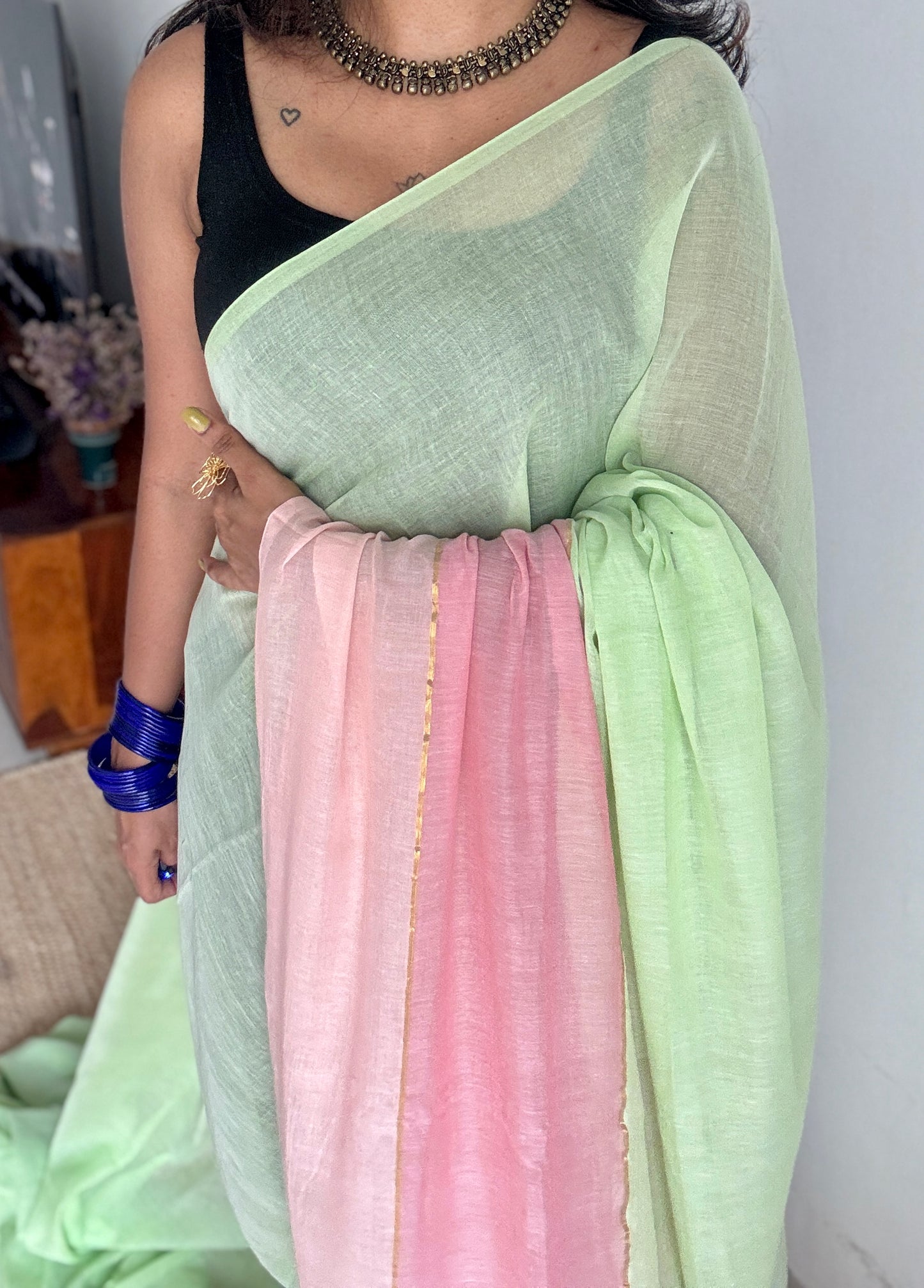 Pista green and pastel pinks, mul cotton YCBCMCM26