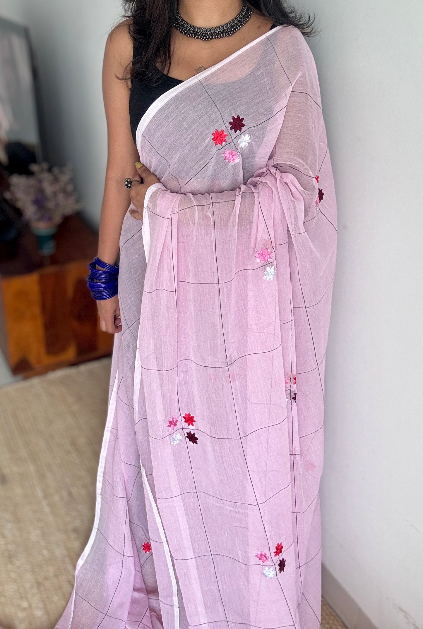 Checkered pink, flower embroidery, mul cotton YCBCMCM23
