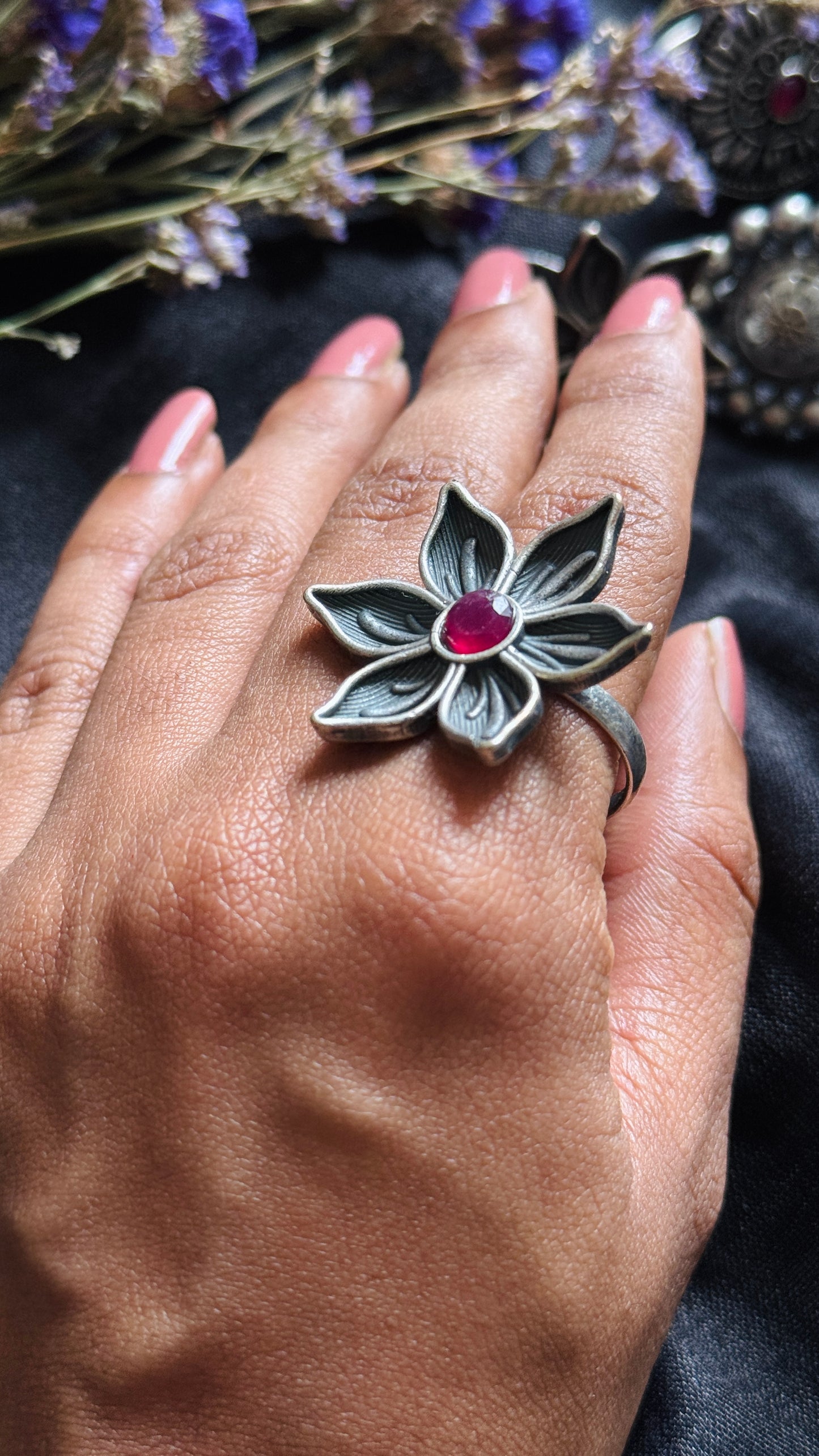 Antique Bloom - Adjustable Floral Ring, Dark Pink Stone