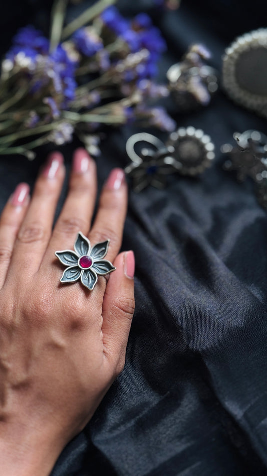 Antique Bloom - Adjustable Floral Ring, Dark Pink Stone