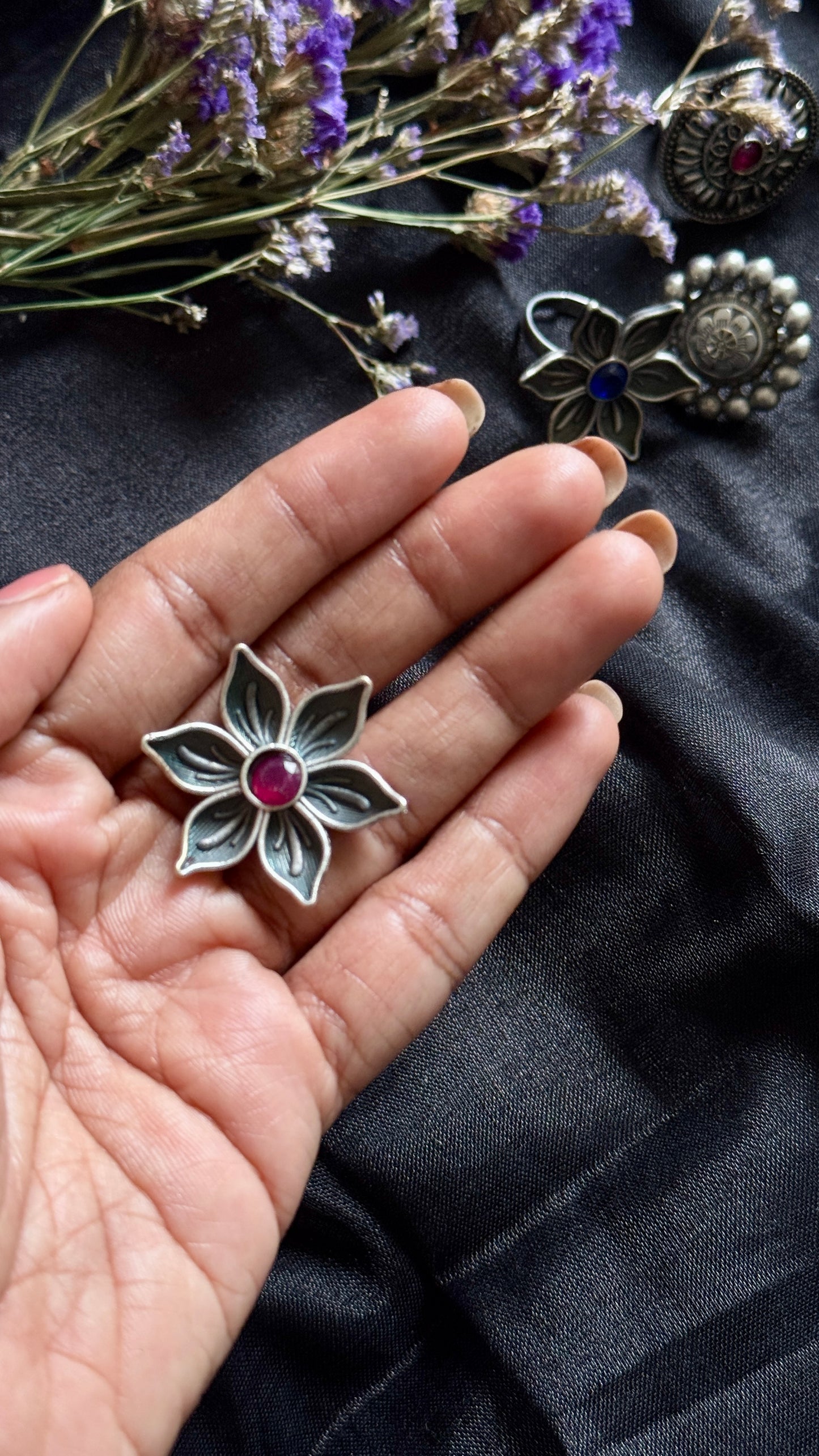 Antique Bloom - Adjustable Floral Ring, Dark Pink Stone
