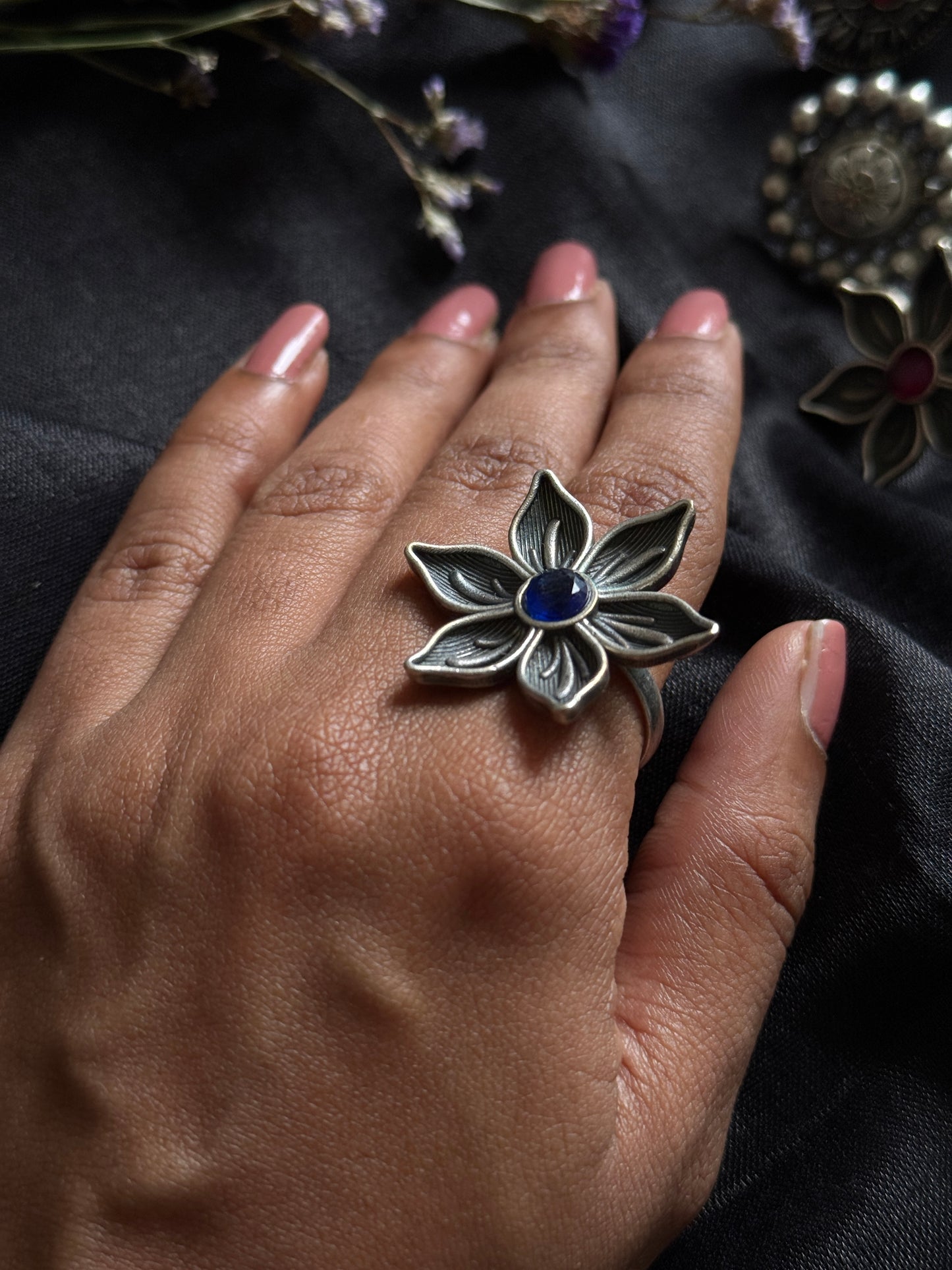 Antique Bloom - Adjustable Floral Ring, Royal Blue Stone - YCOSFR35