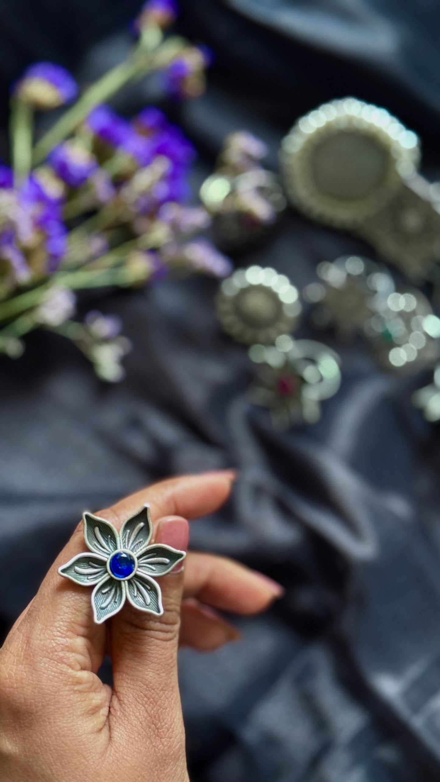 Antique Bloom - Adjustable Floral Ring, Royal Blue Stone - YCOSFR35