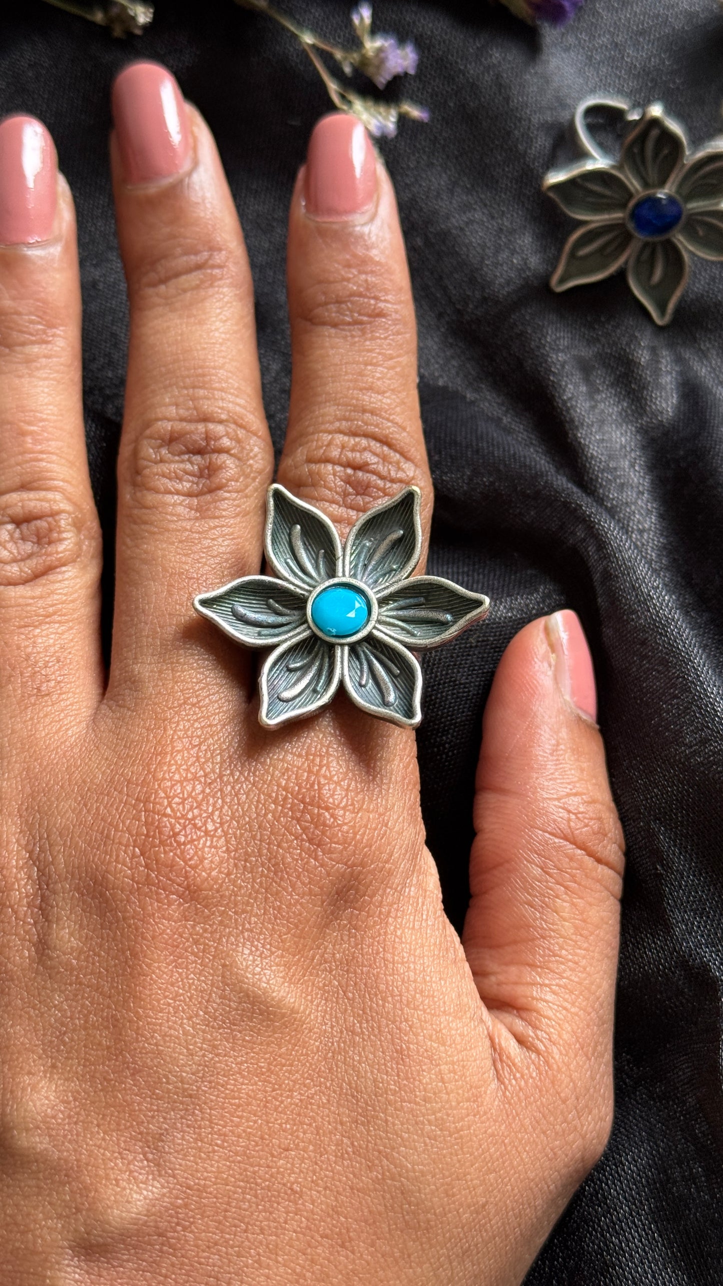 Antique Bloom - Adjustable Floral Ring, Turquoise Stone