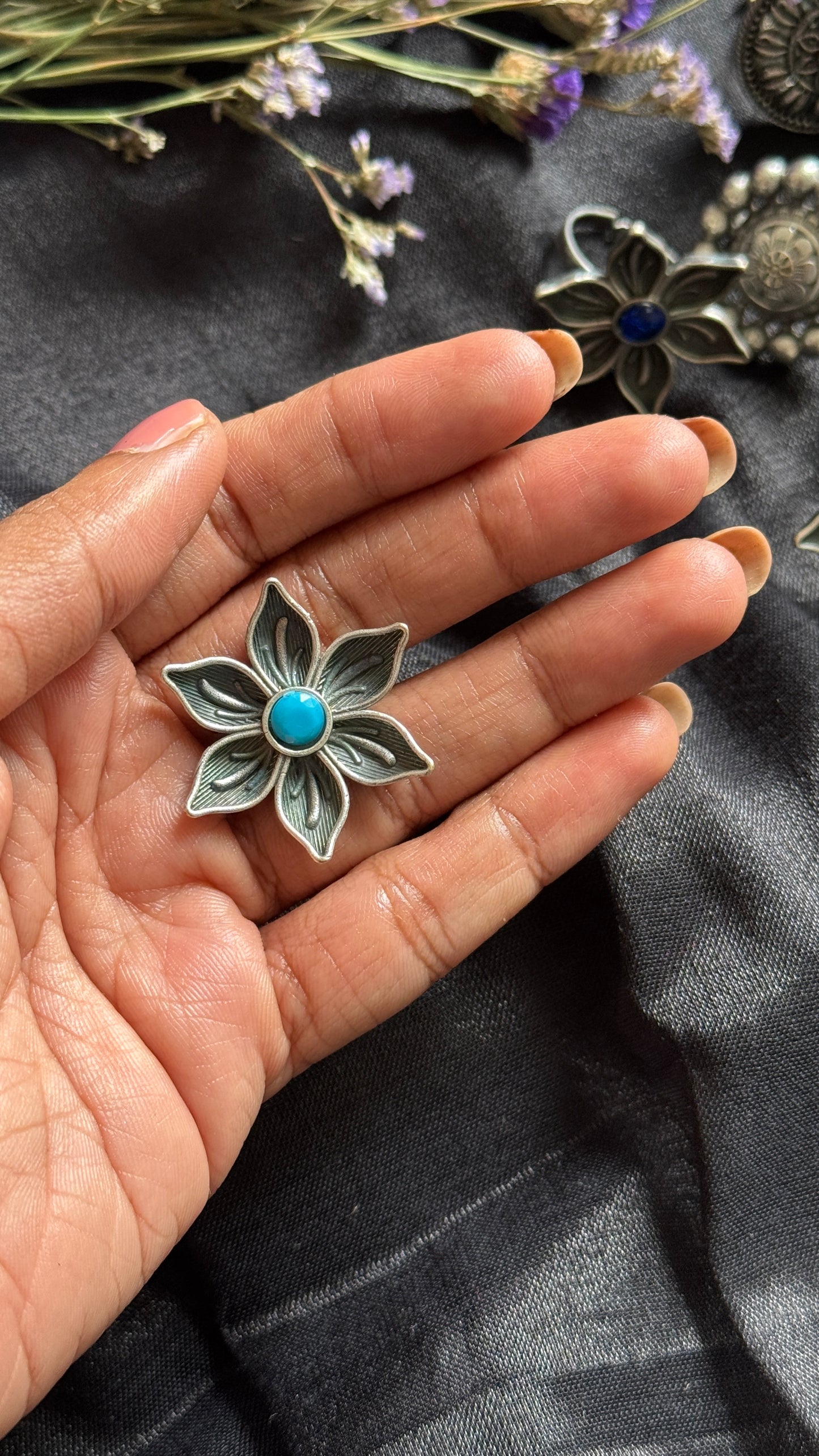 Antique Bloom - Adjustable Floral Ring, Turquoise Stone