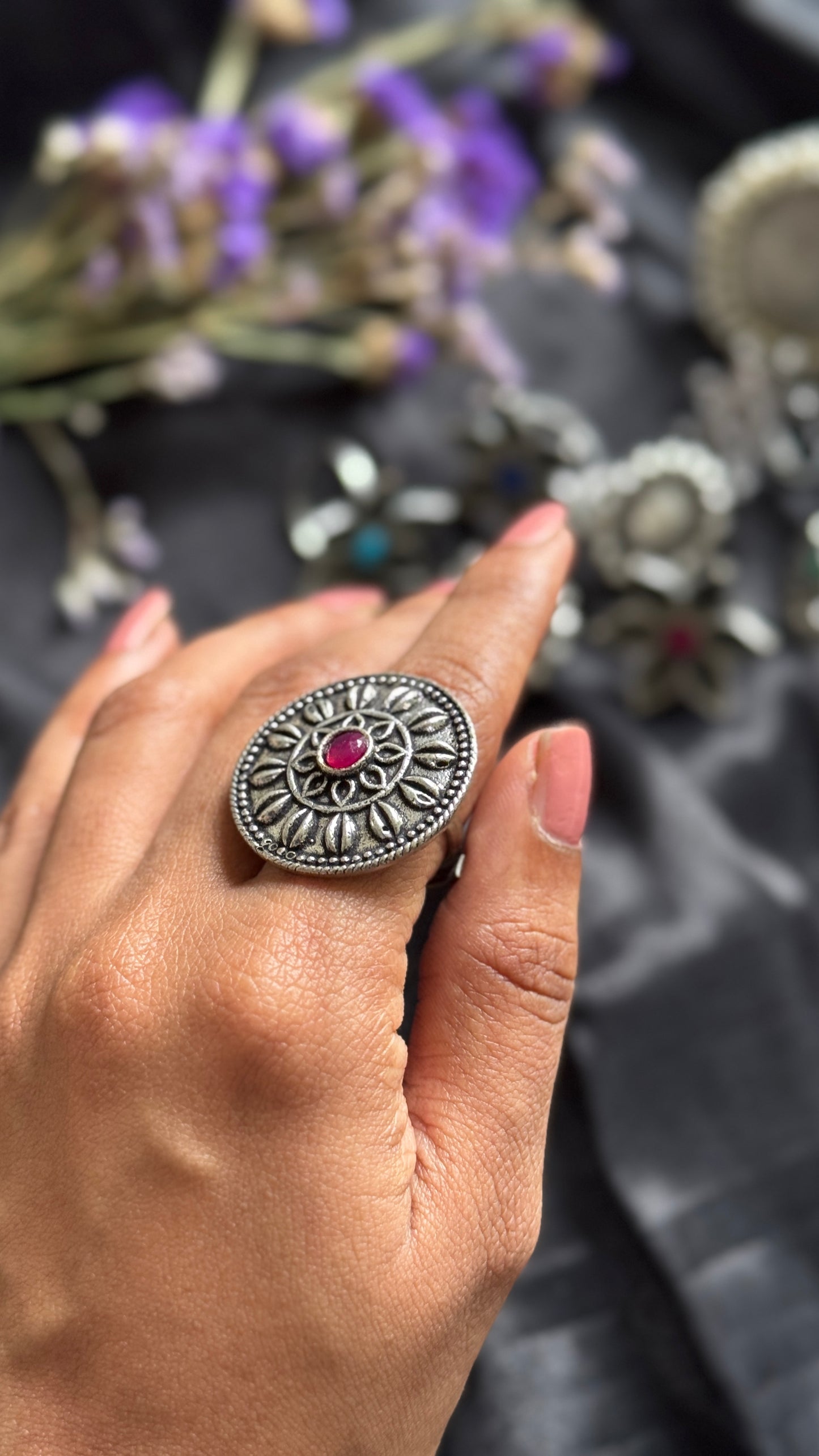 Antique Bloom - Adjustable Round Floral Ring, Dark Pink Stone