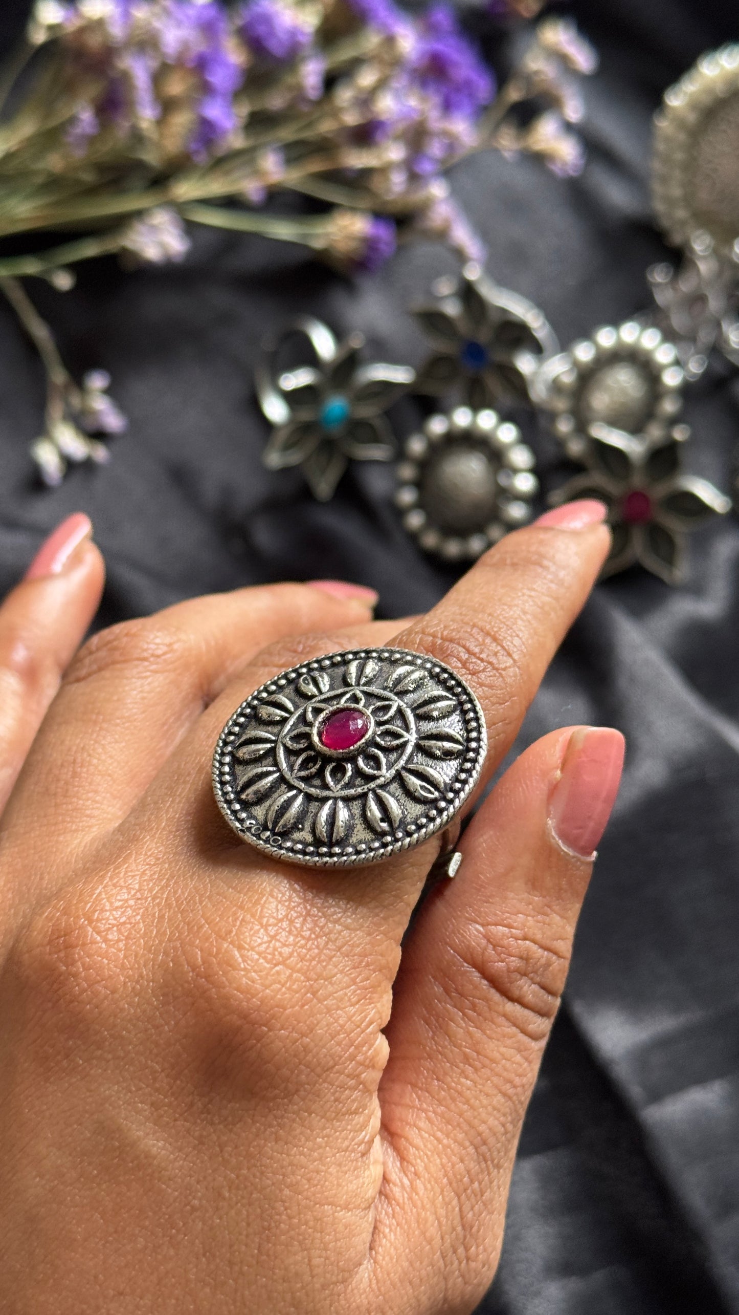 Antique Bloom - Adjustable Round Floral Ring, Dark Pink Stone