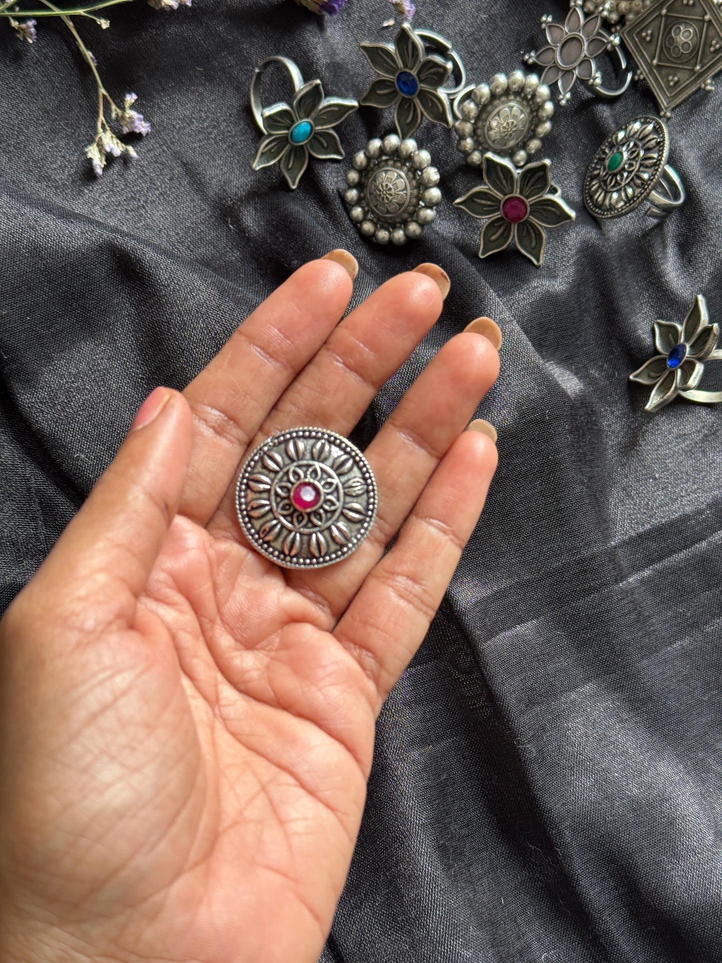 Antique Bloom - Adjustable Round Floral Ring, Dark Pink Stone