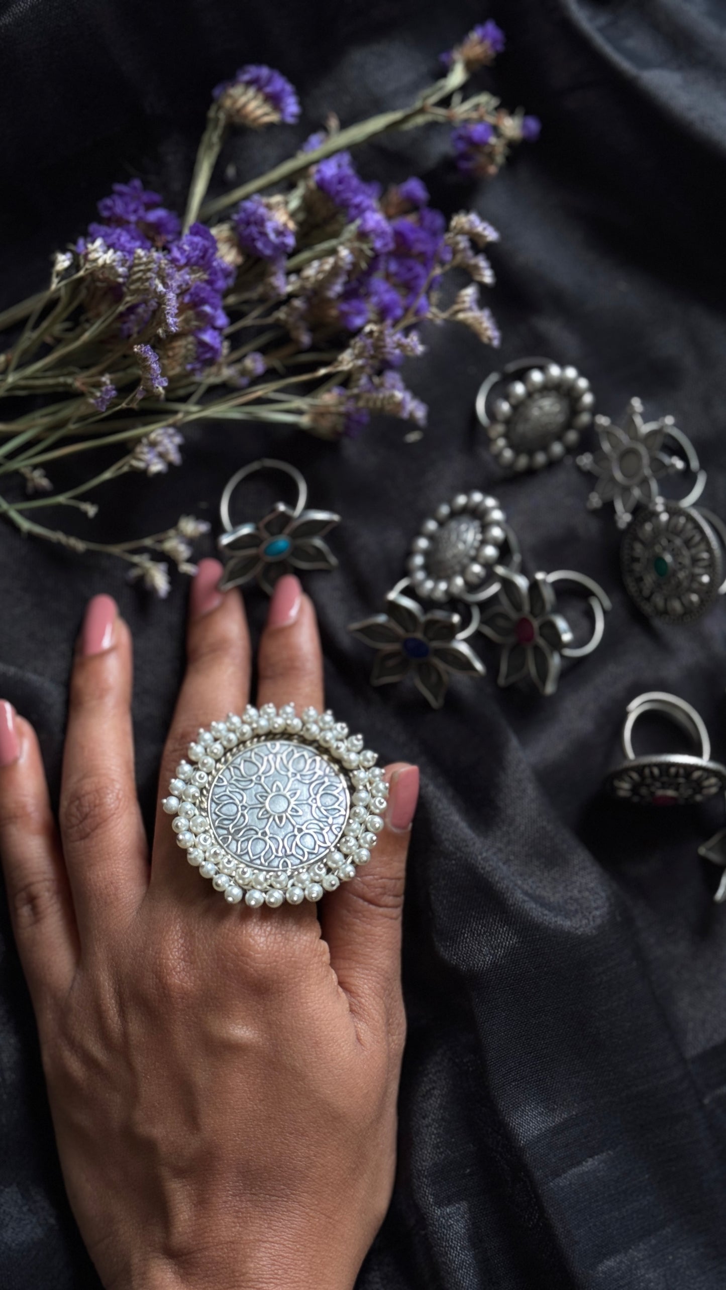 Antique Bloom - Adjustable Round Lotus Ring, Pearl Beaded
