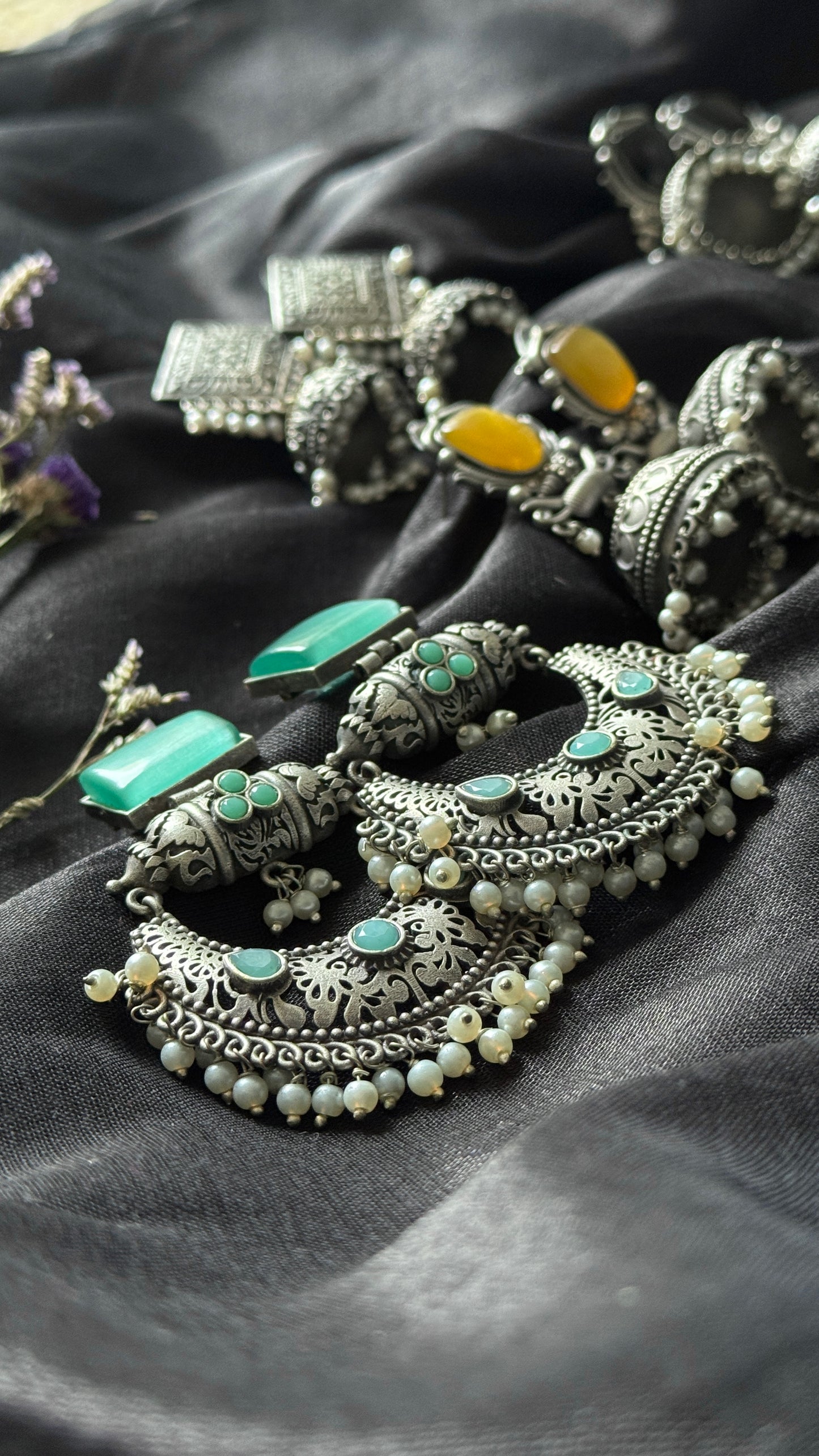 Antique Bloom - Chandbali Earring, Mint Stone, Pearl Beads