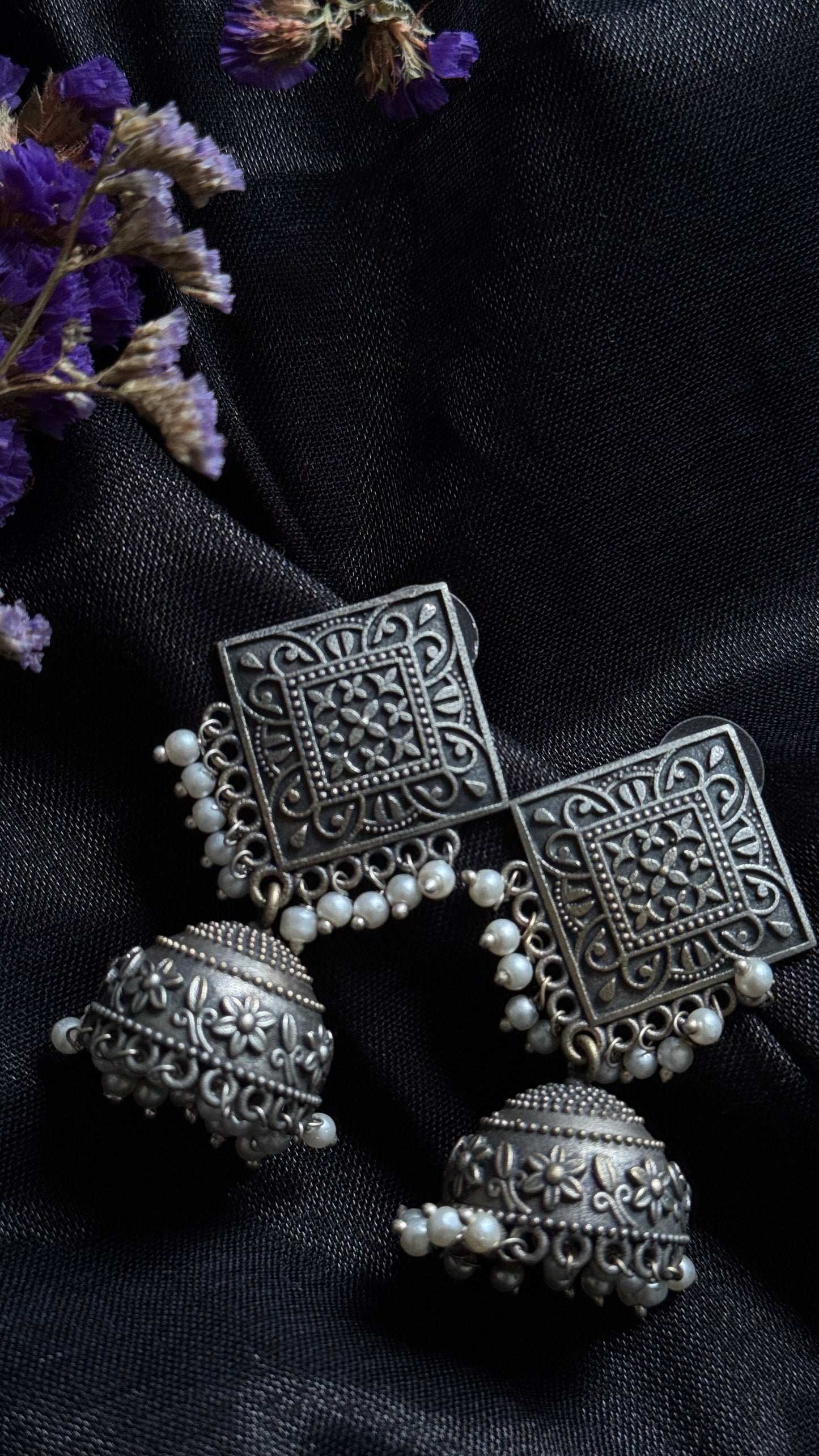 Antique Bloom - Square Jhumka, Pearl Beads