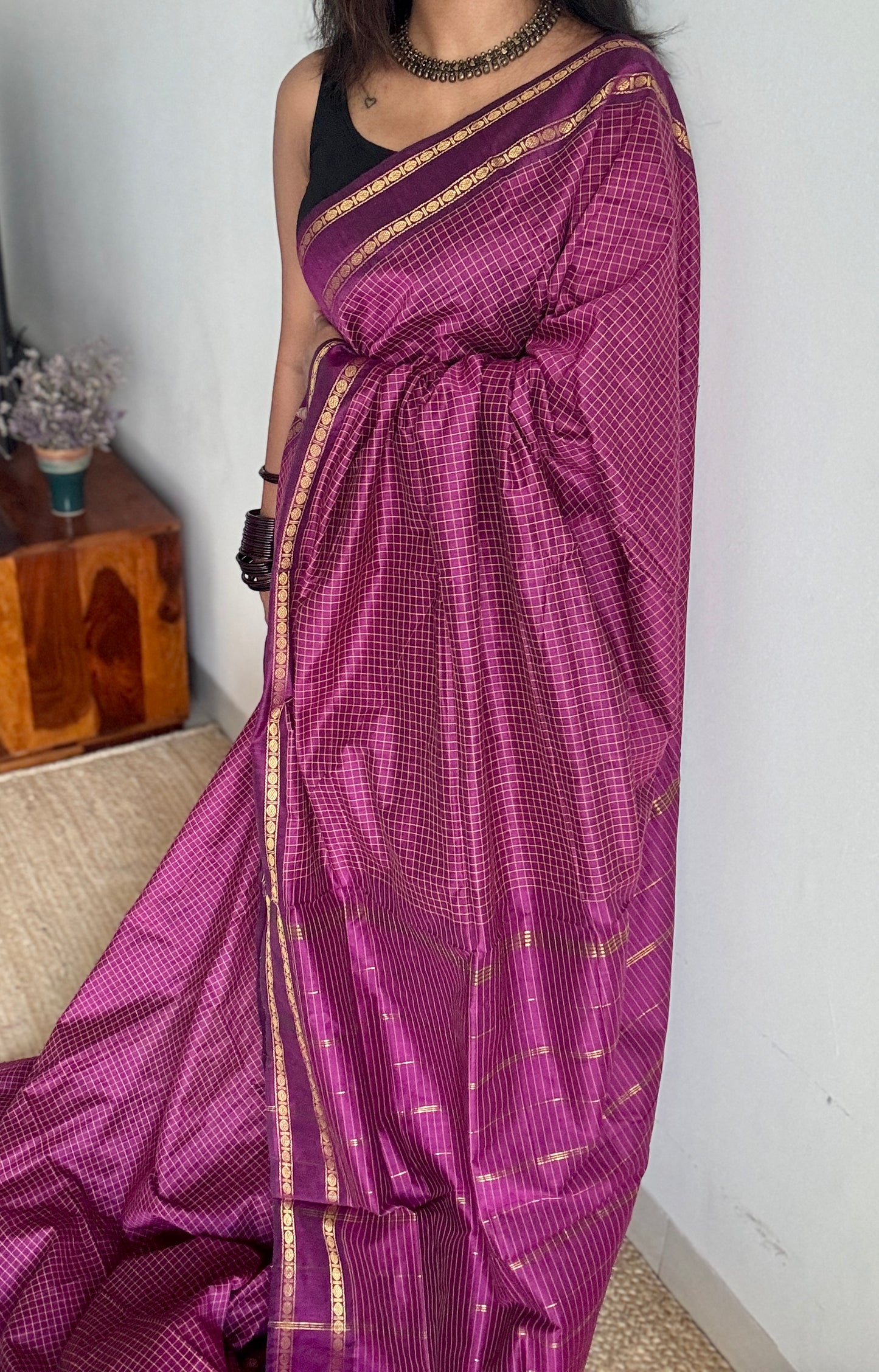 Vadamalli (purple magenta blend) - Arani Checks in cotton silk - YCCOTNA09