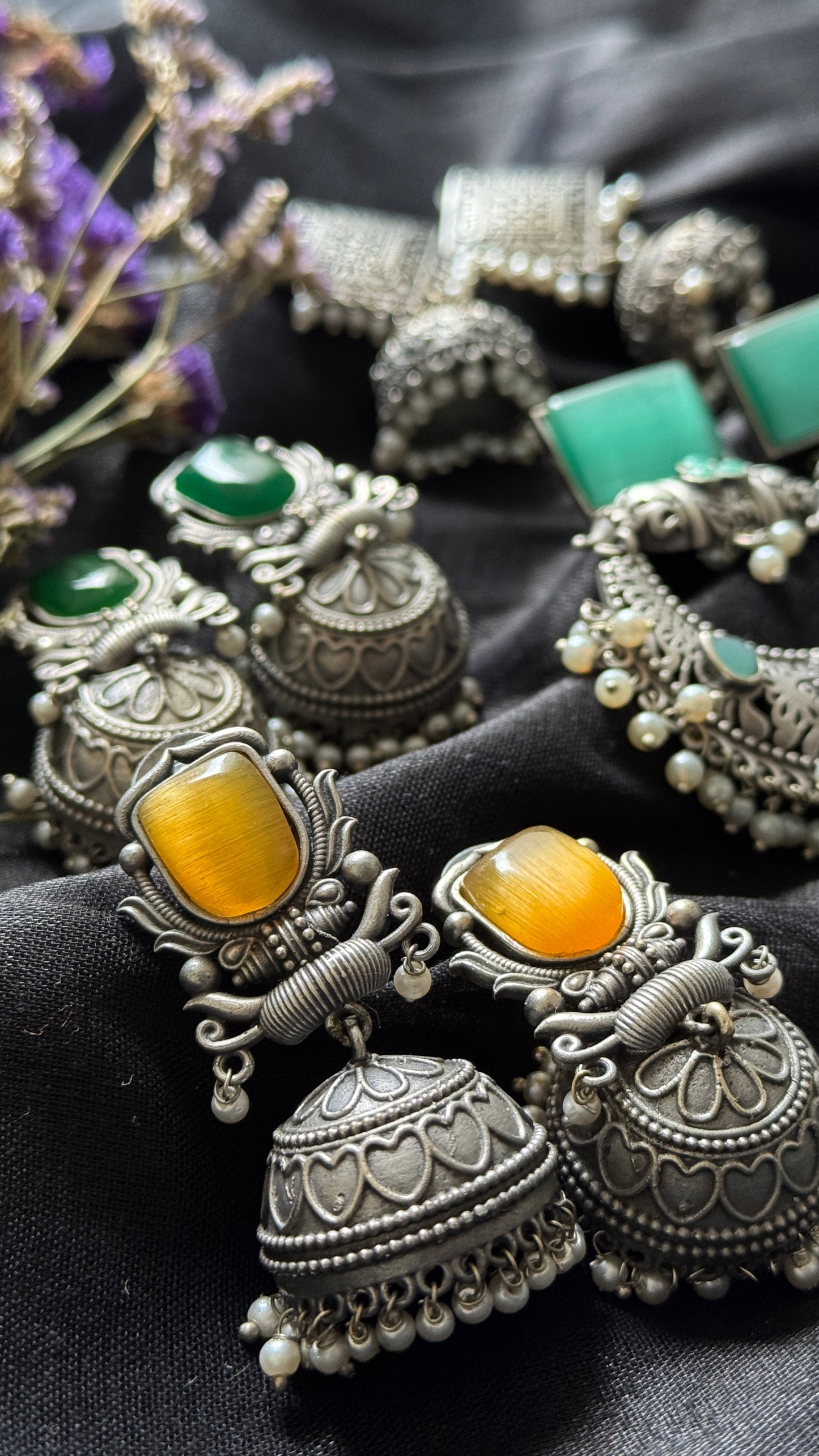 Antique Bloom - Traditional Jhumka, Yellow Stone, Pearl Beads