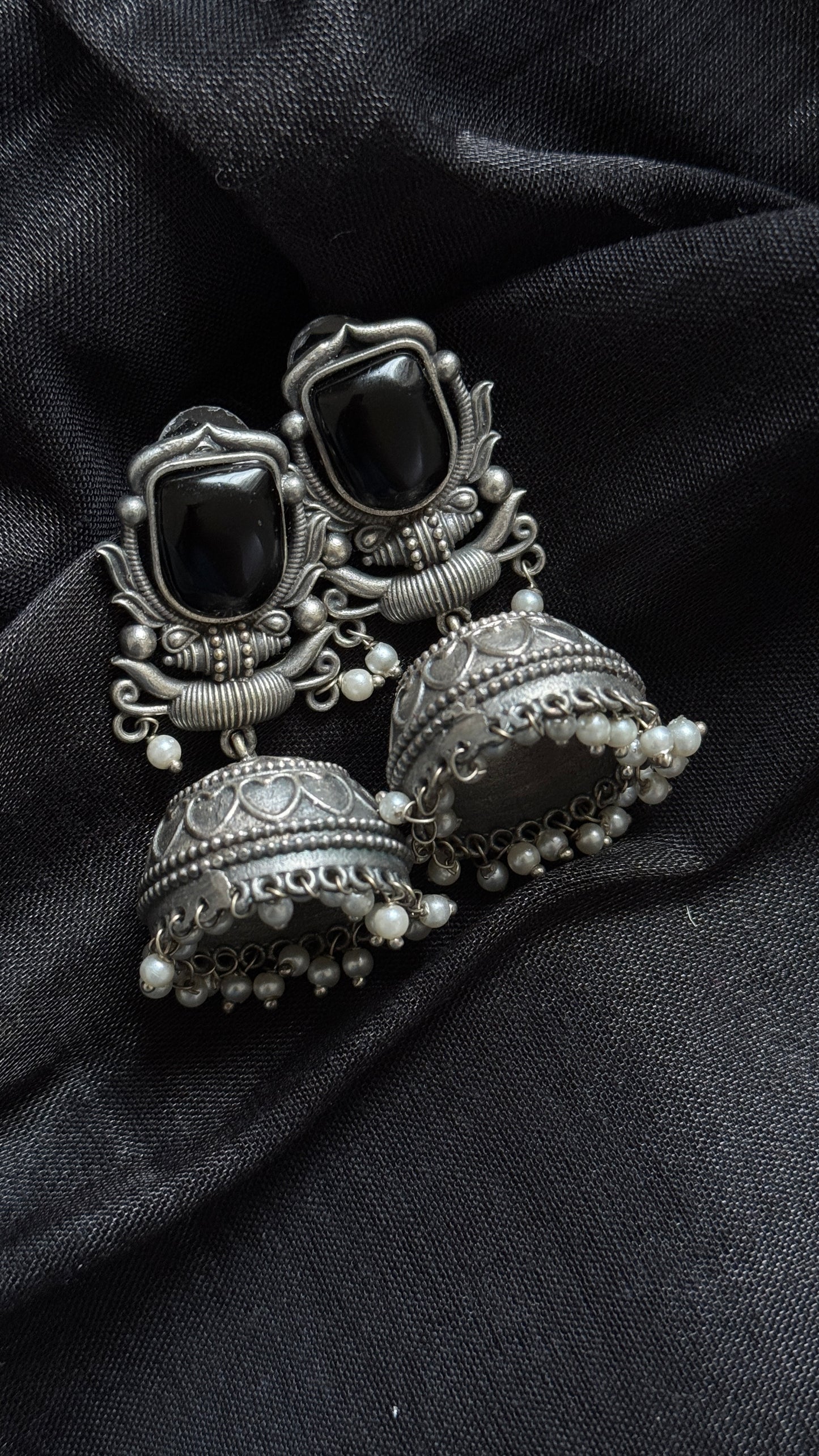Antique Bloom - Traditional Jhumka, Black Stone, Pearl Beads