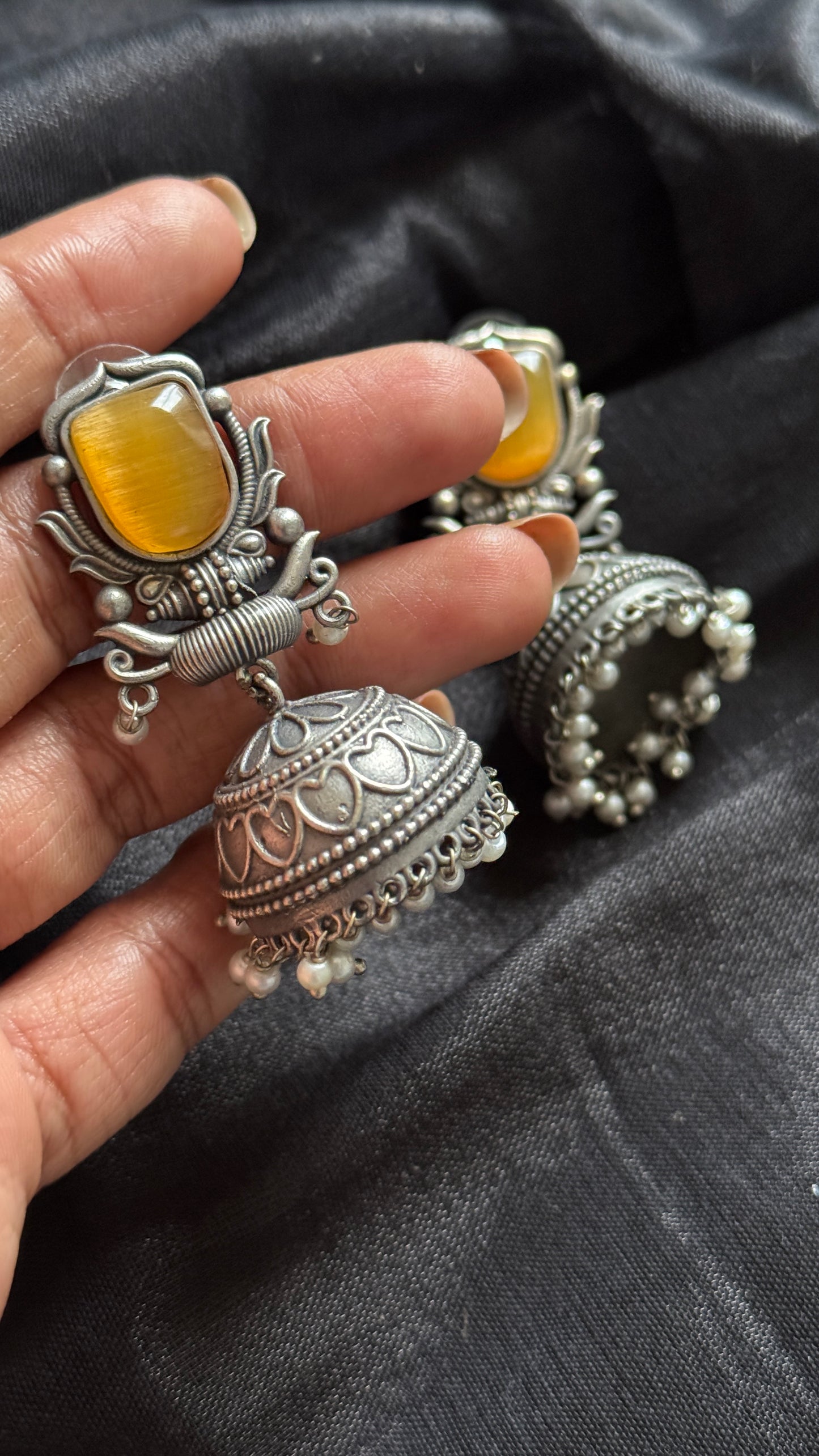 Antique Bloom - Traditional Jhumka, Yellow Stone, Pearl Beads
