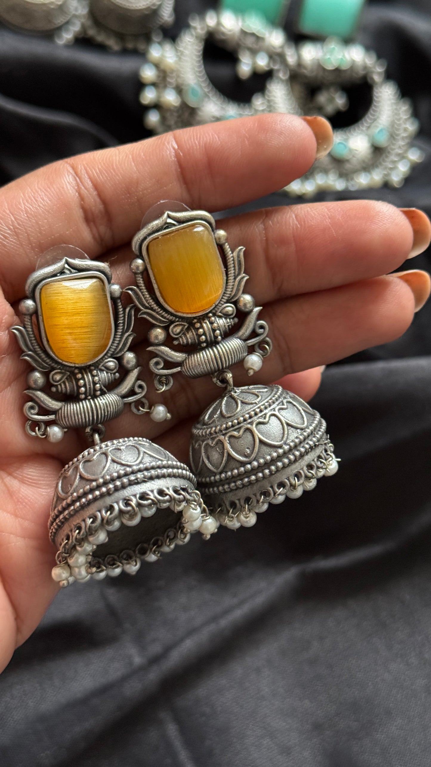Antique Bloom - Traditional Jhumka, Yellow Stone, Pearl Beads