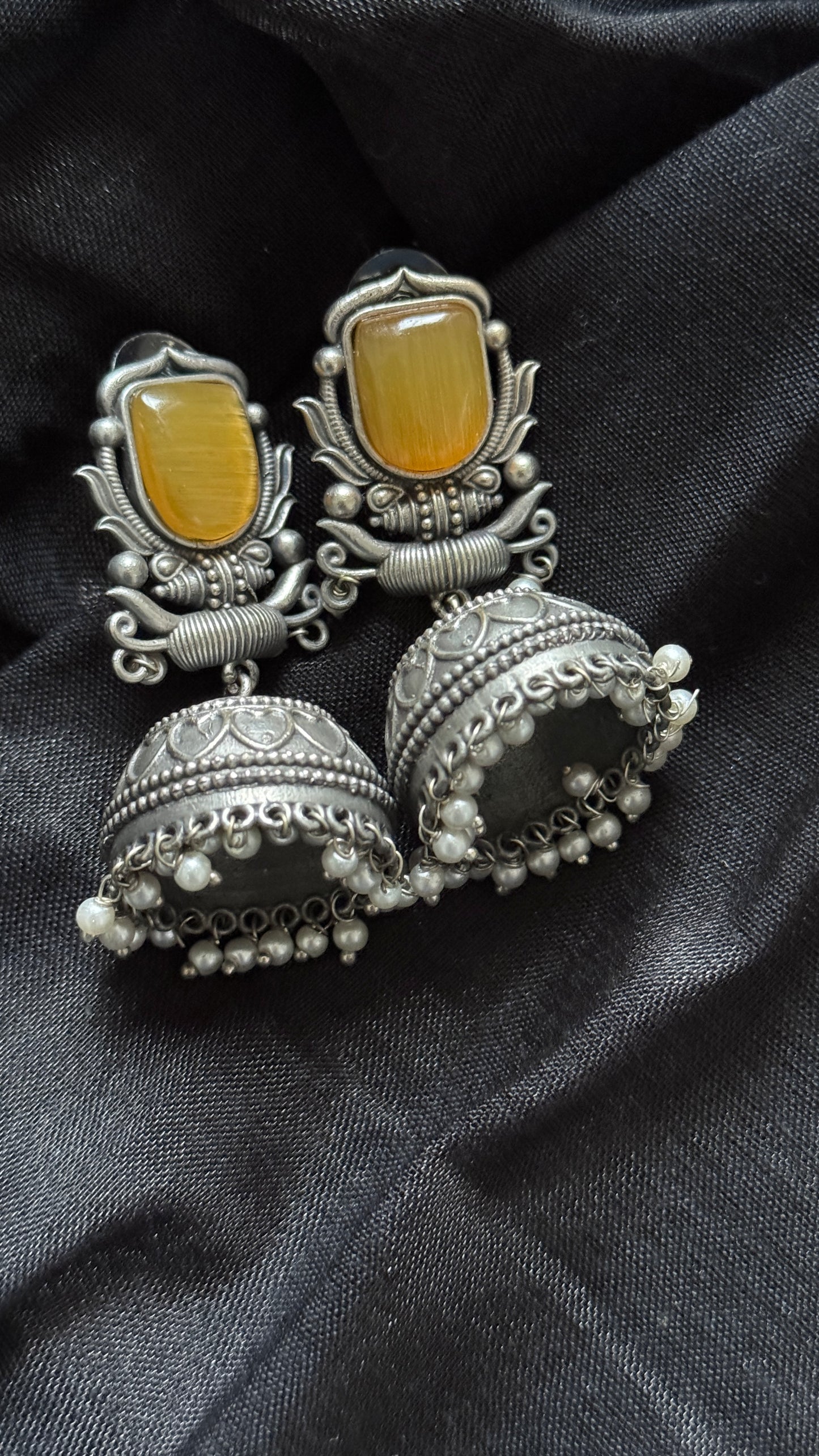 Antique Bloom - Traditional Jhumka, Yellow Stone, Pearl Beads