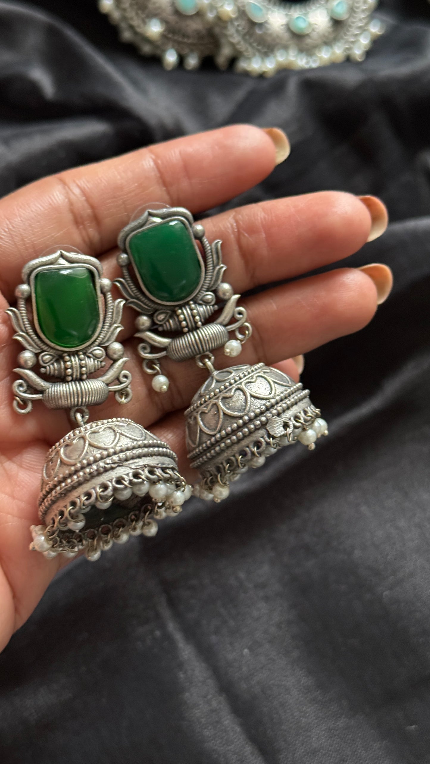 Antique Bloom - Traditional Jhumka, Green Stone, Pearl Beads