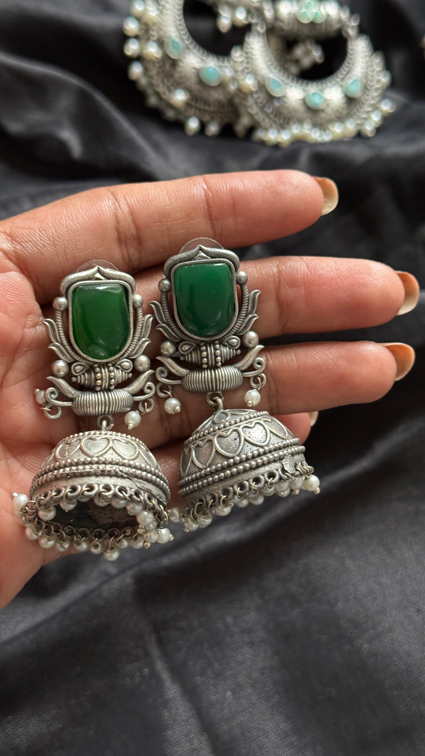 Antique Bloom - Traditional Jhumka, Green Stone, Pearl Beads
