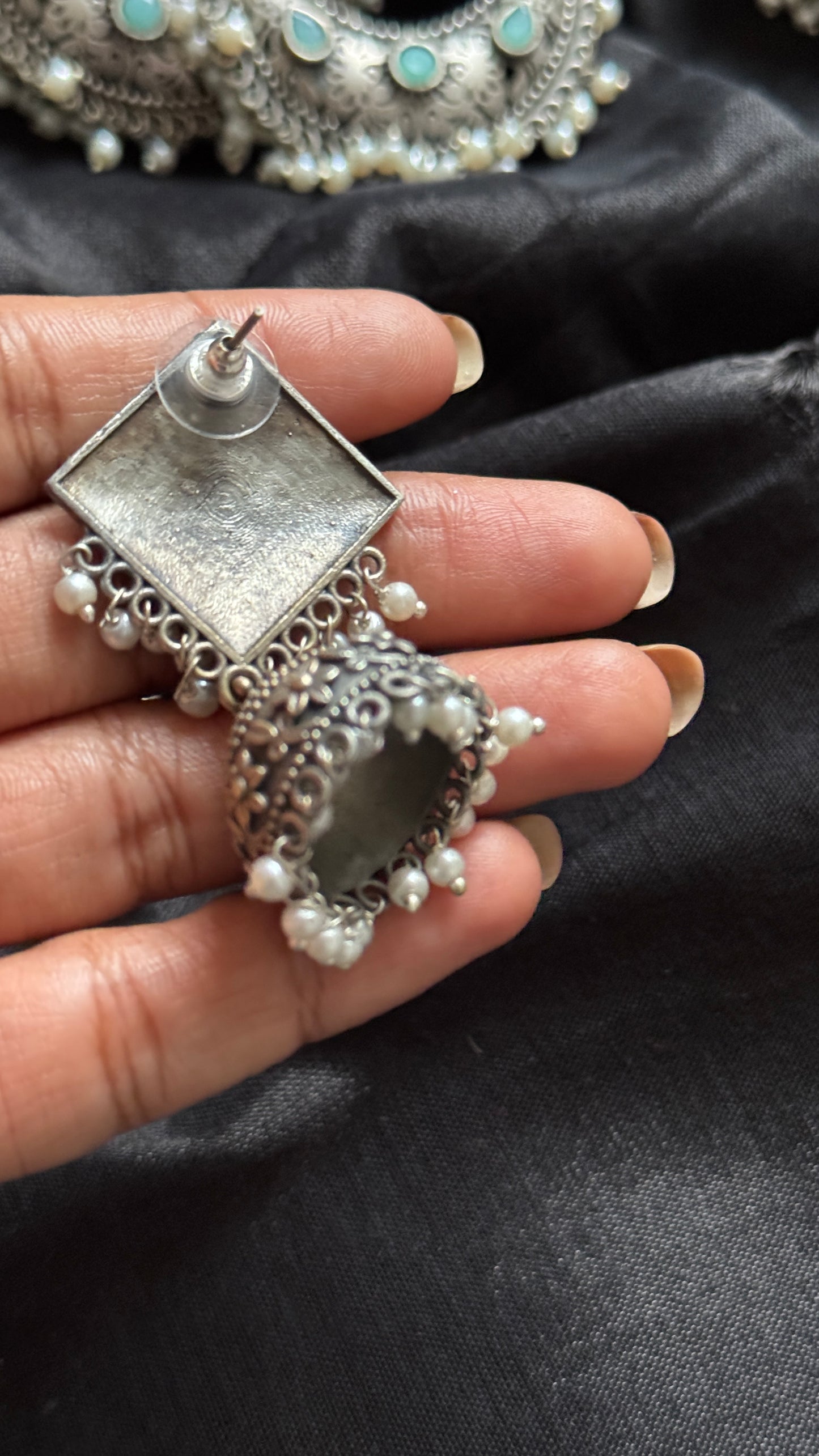 Antique Bloom - Square Jhumka, Pearl Beads