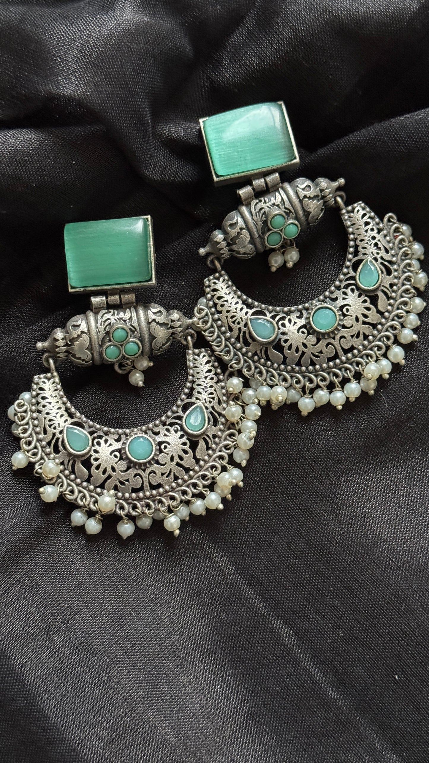 Antique Bloom - Chandbali Earring, Mint Stone, Pearl Beads