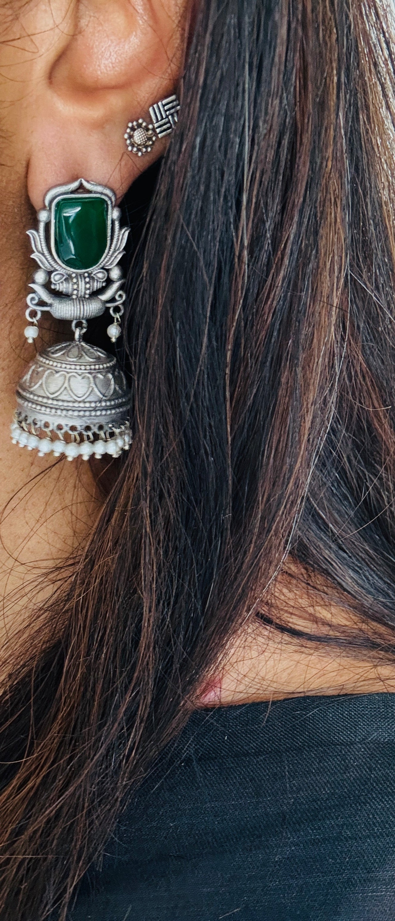 Antique Bloom - Traditional Jhumka, Green Stone, Pearl Beads