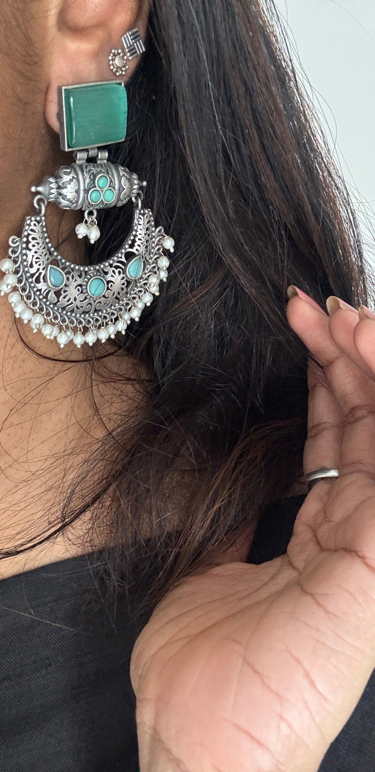 Antique Bloom - Chandbali Earring, Mint Stone, Pearl Beads