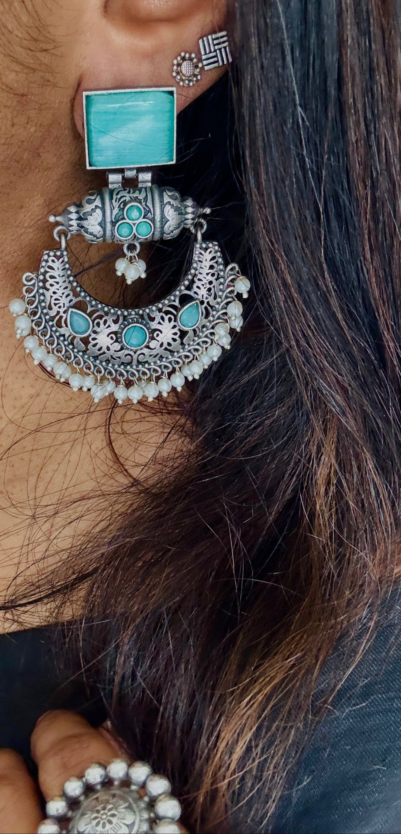 Antique Bloom - Chandbali Earring, Mint Stone, Pearl Beads