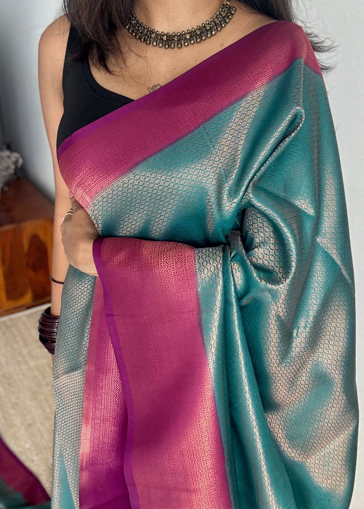 Tarangini - Turquoise with purple pink, semi-silk YCDOSKS04