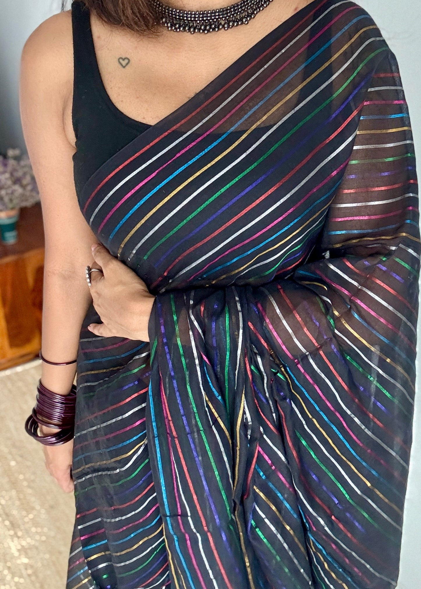 Black Aurora - black with coloured stripes, mul cotton YCBCMCRB02