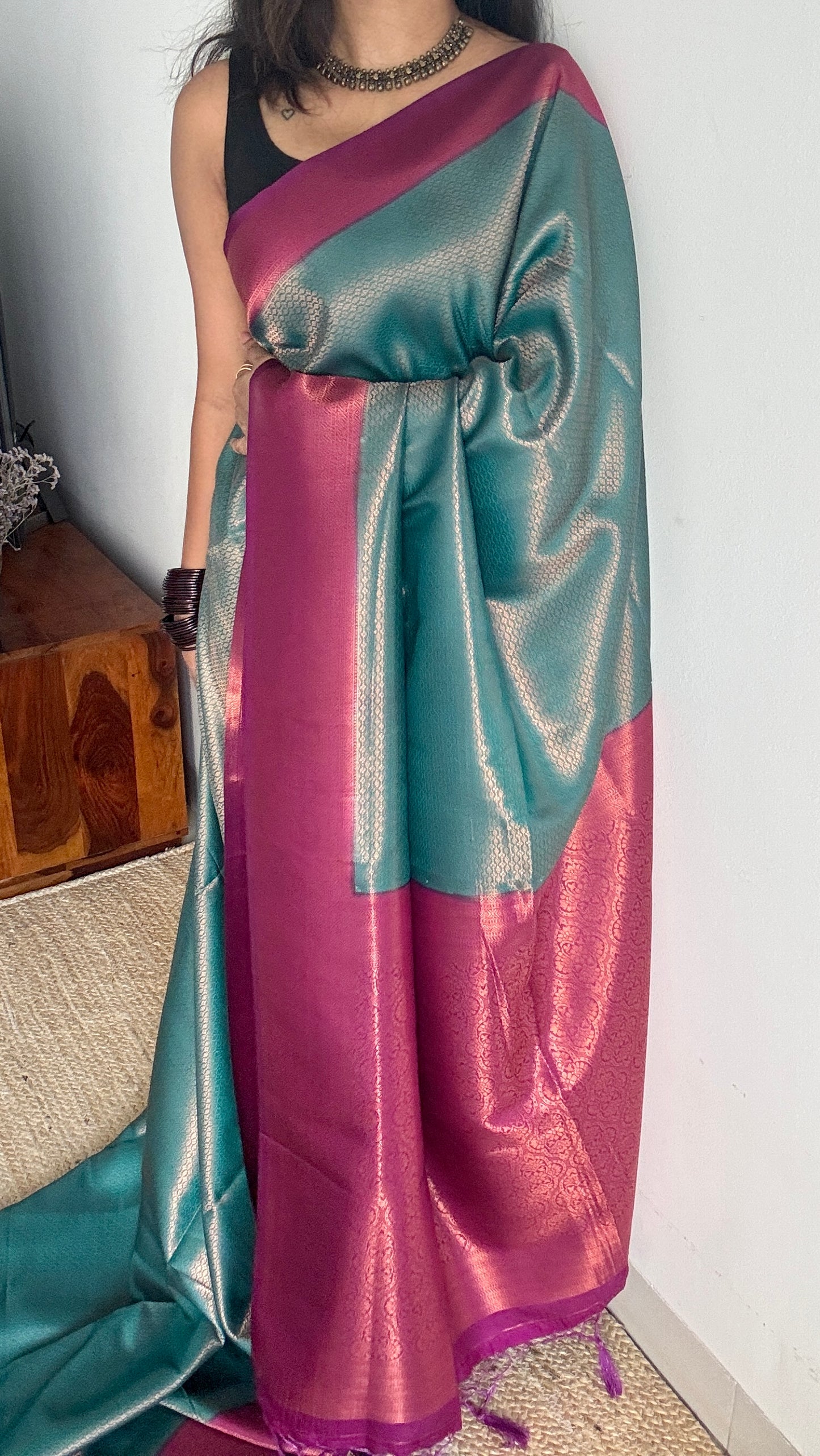 Tarangini - Turquoise with purple pink, semi-silk
