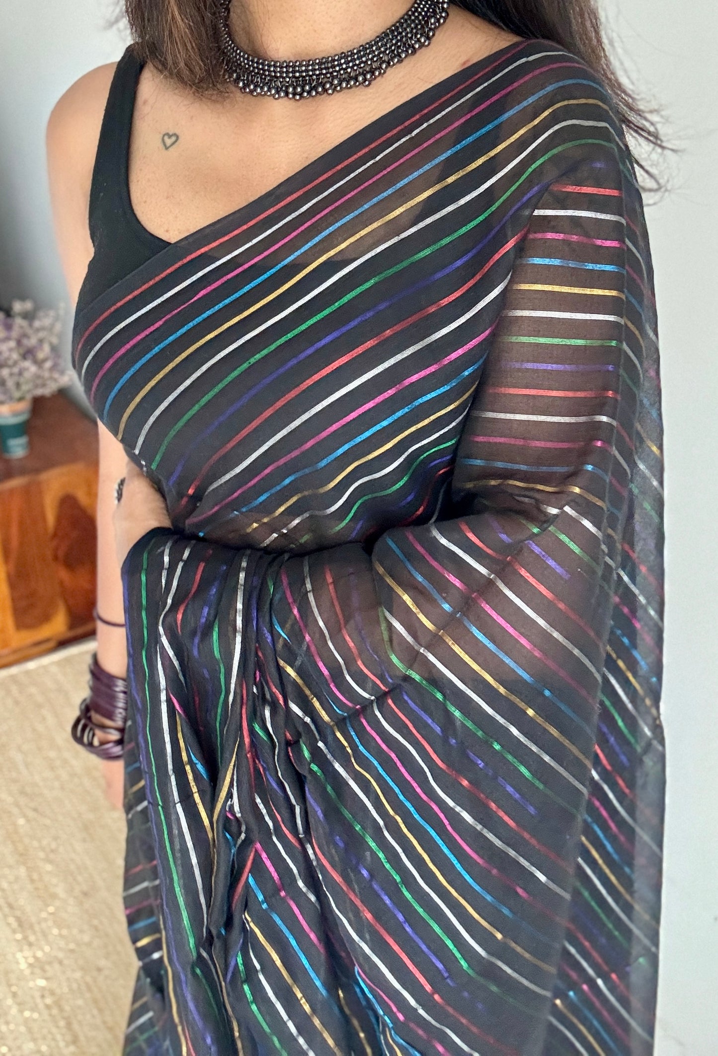 Black Aurora - black with coloured stripes, mul cotton