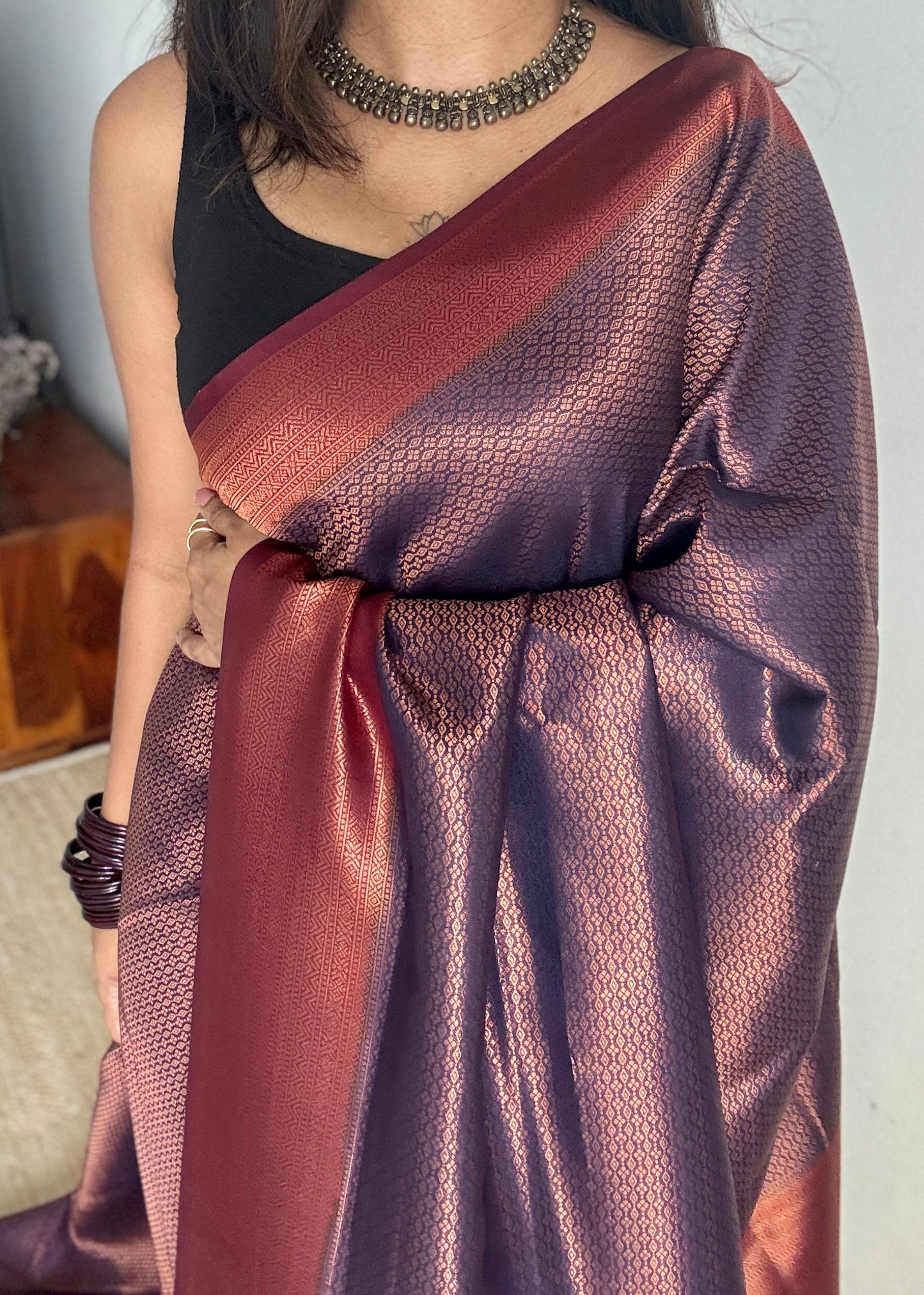 Neelambara - Deep blue with maroon, semi-silk
