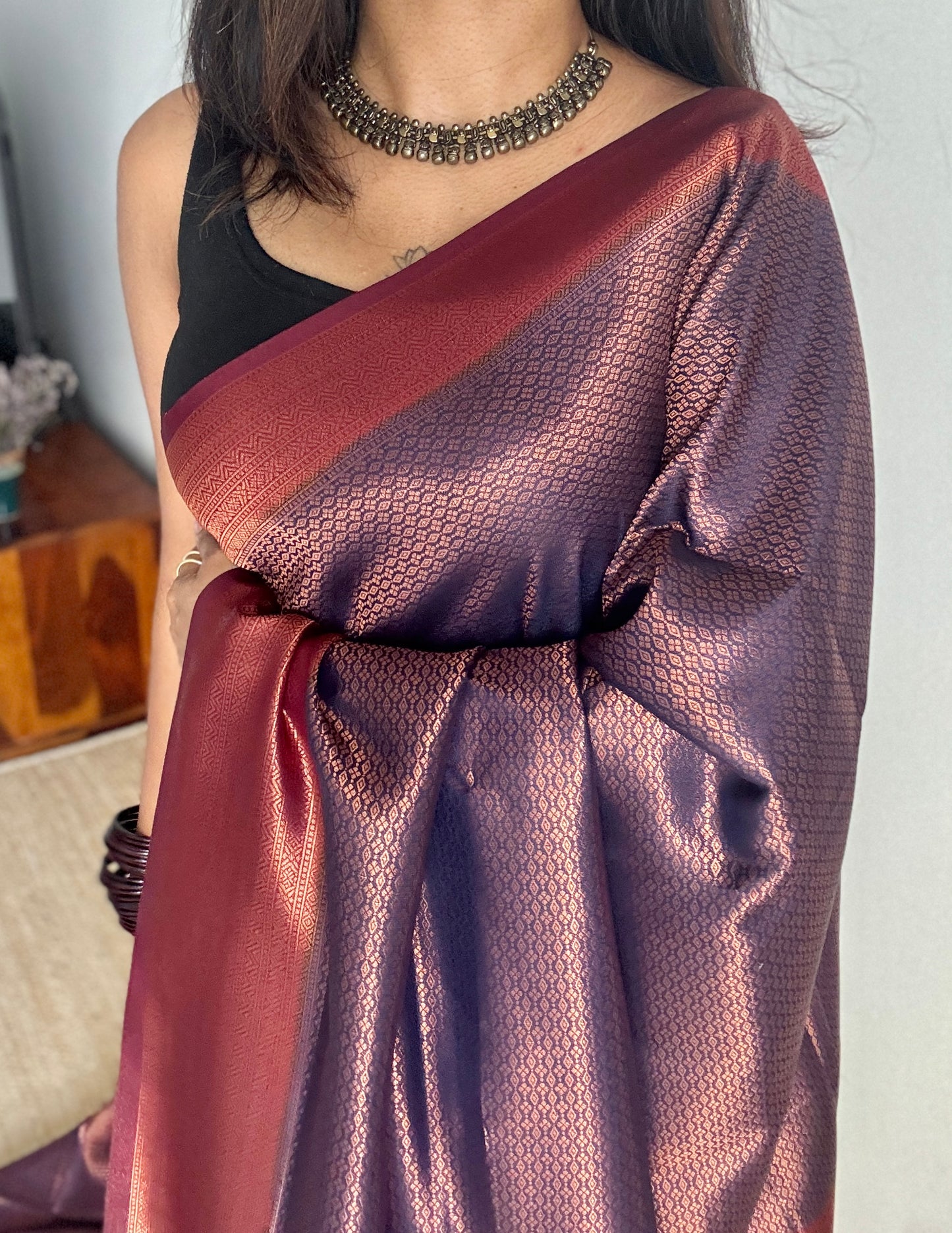 Neelambara - Deep blue with maroon, semi-silk