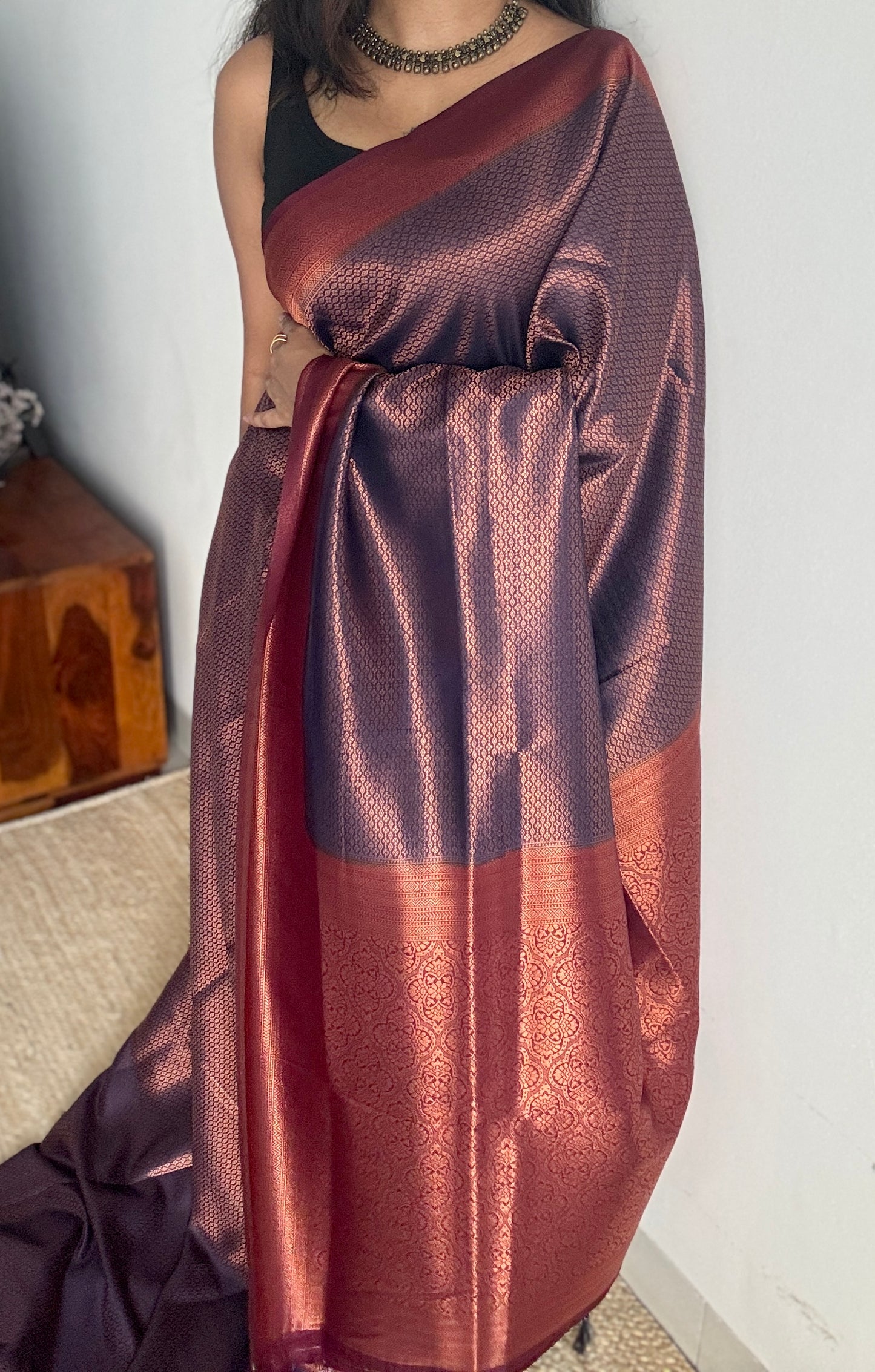 Neelambara - Deep blue with maroon, semi-silk